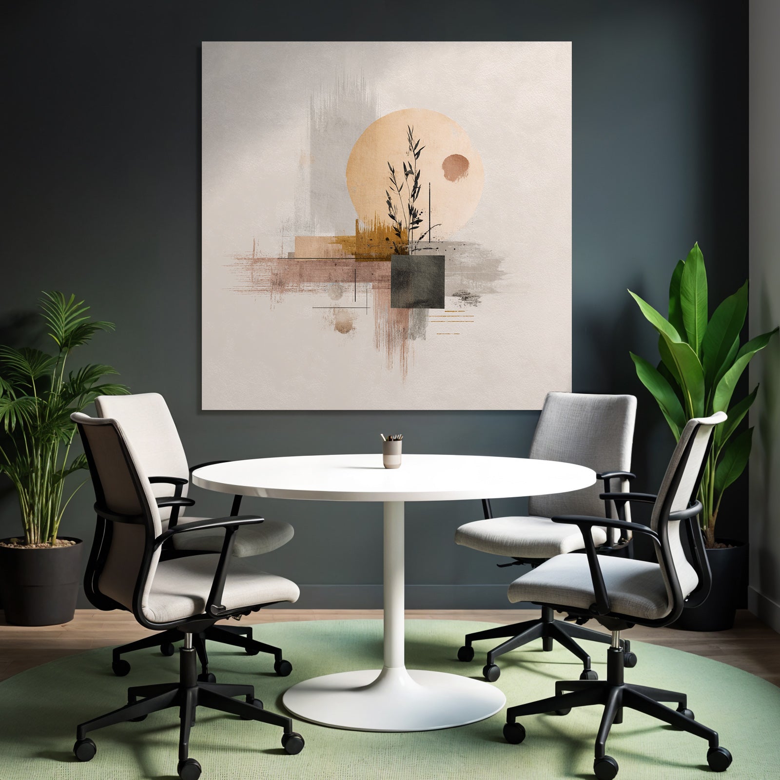 Abstract artwork with plant and geometric shapes