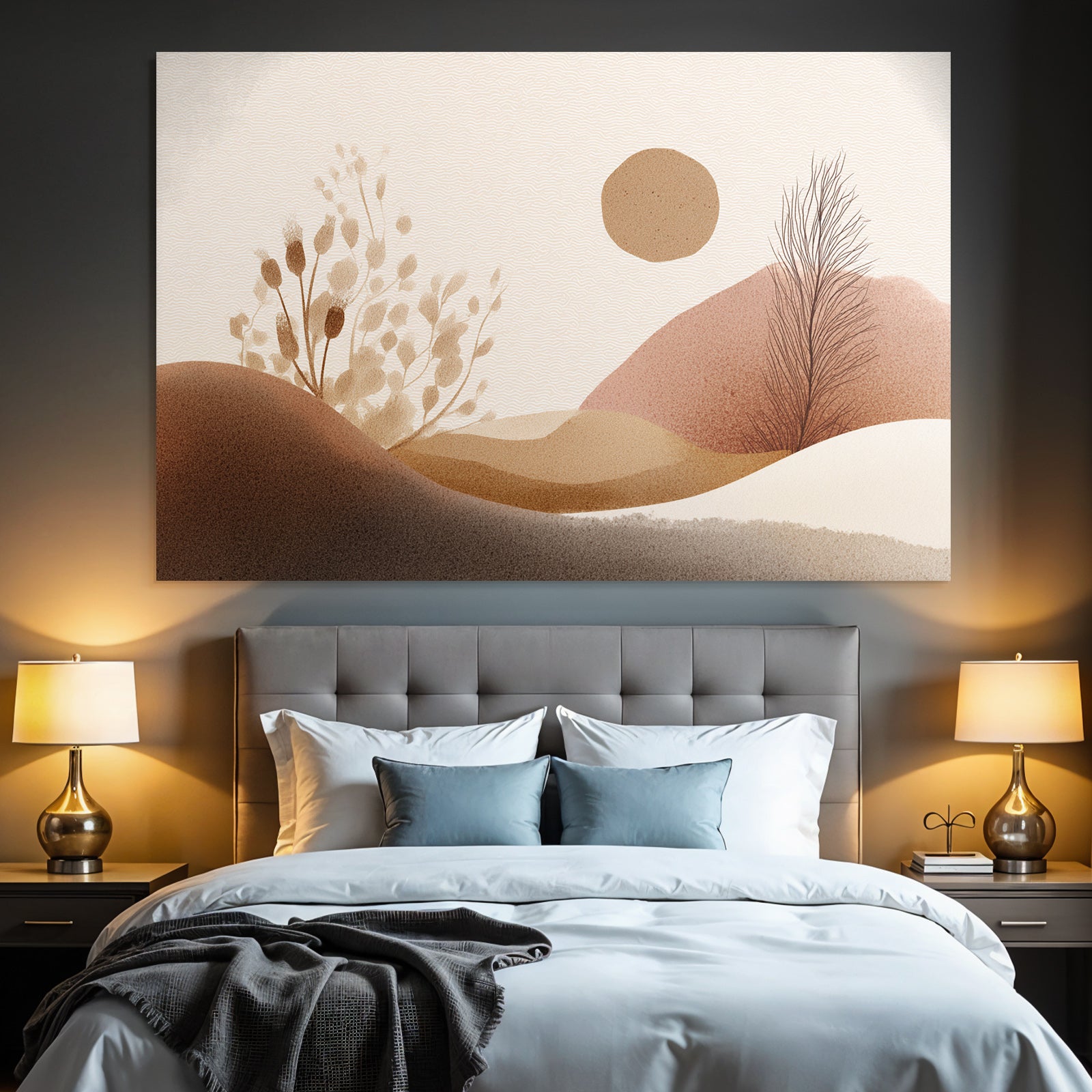 Abstrakte Illustration Einfache Formen Erdige Farben Huegel Pflanzen Sonne
