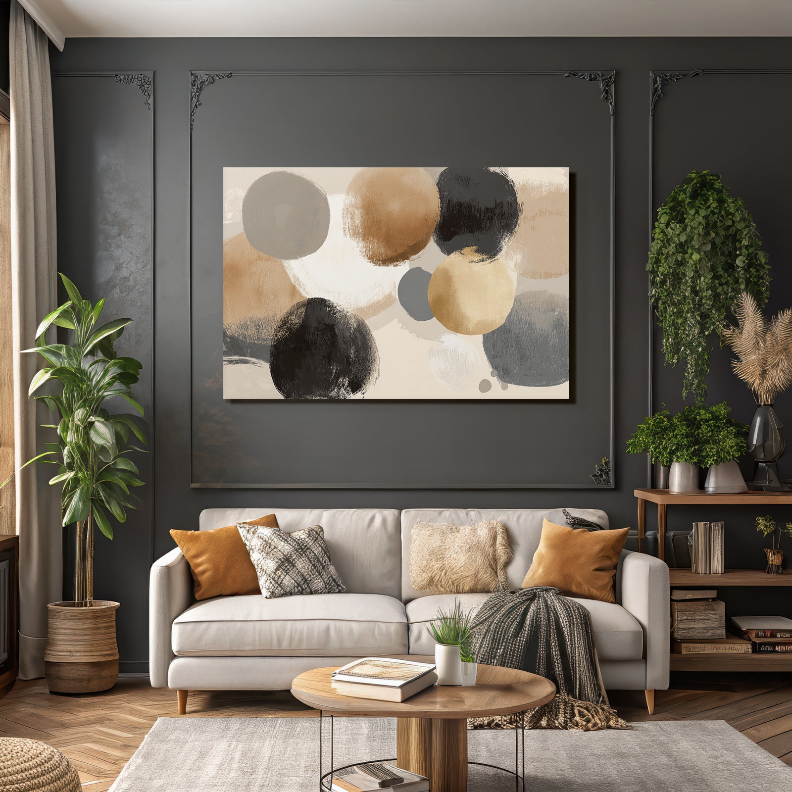 Abstract artwork with circles in different colors and textures