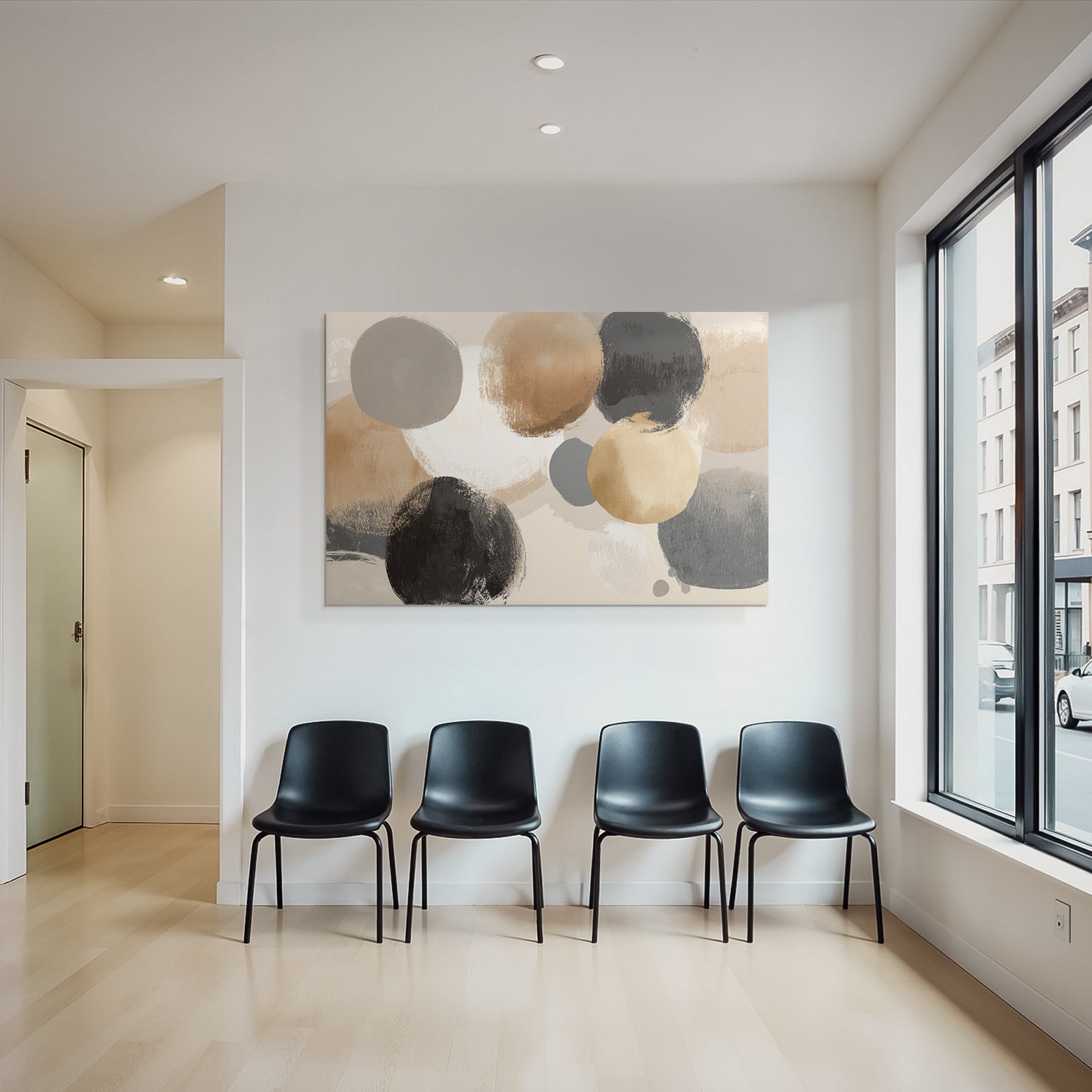 Abstract artwork with circles in different colors and textures