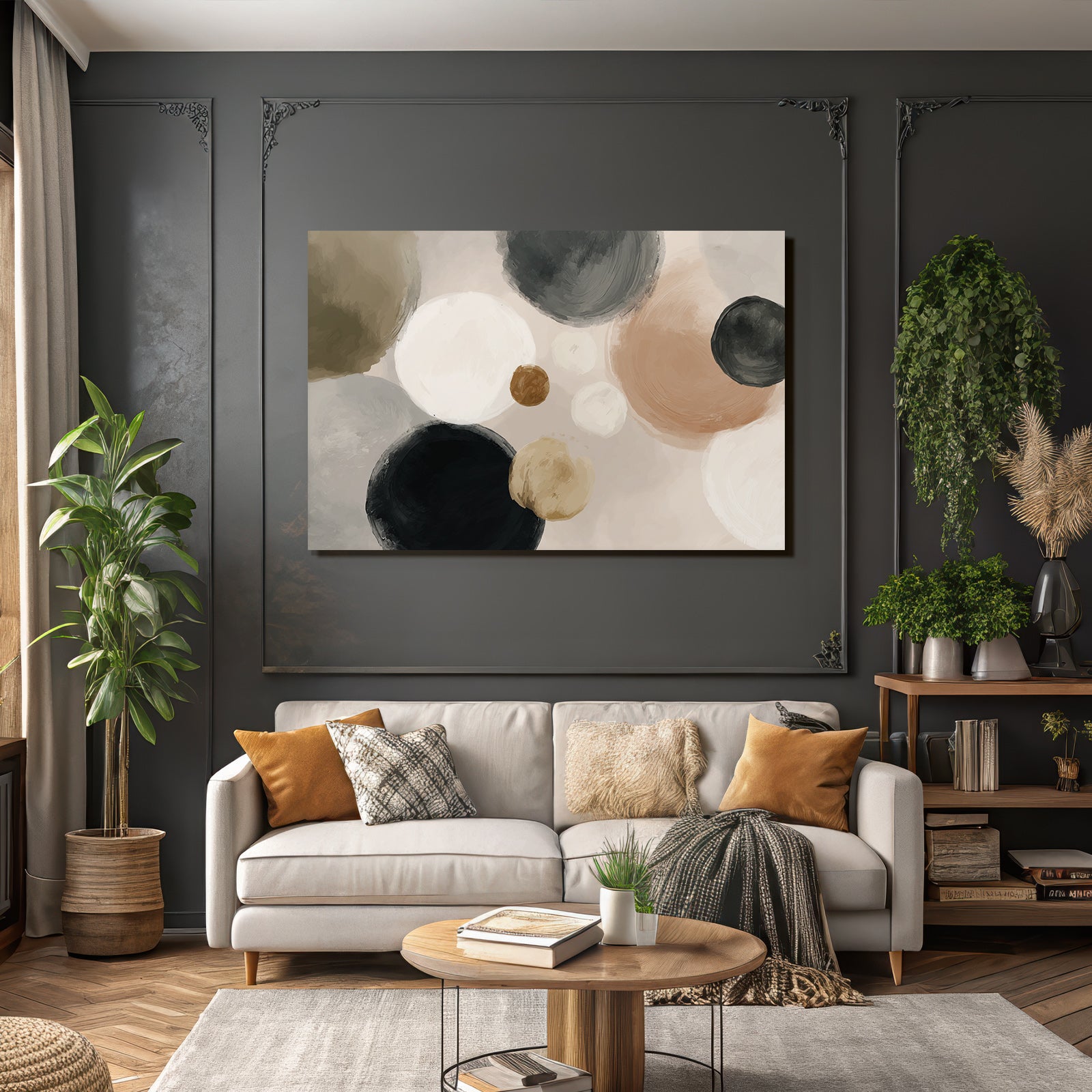 Abstract design with circular shapes in different colors cream beige black brown