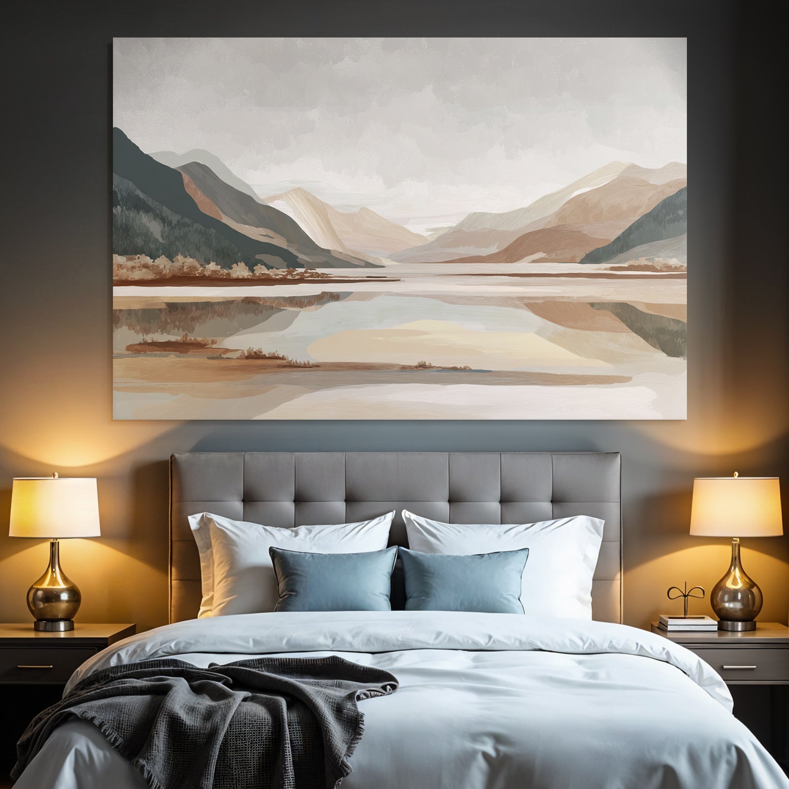 Calming landscape with mountains and water under cloudy sky