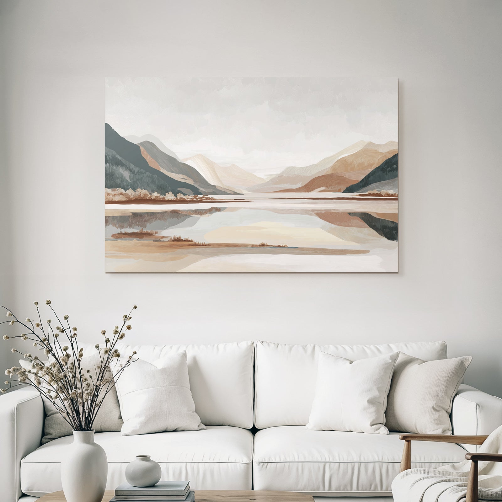 Calming landscape with mountains and water under cloudy sky