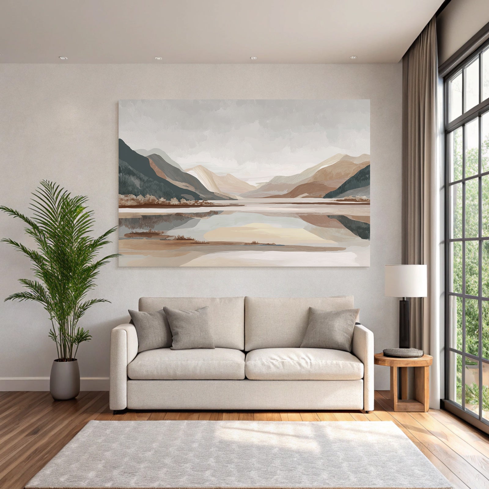 Calming landscape with mountains and water under cloudy sky