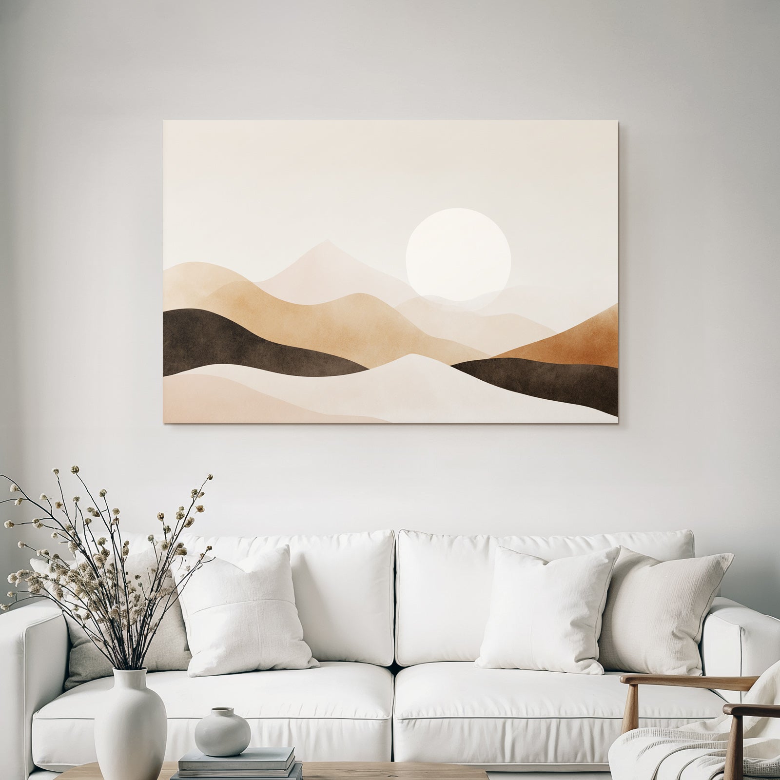 Minimalist landscape with gentle mountains and a big sun in beige, brown and cream