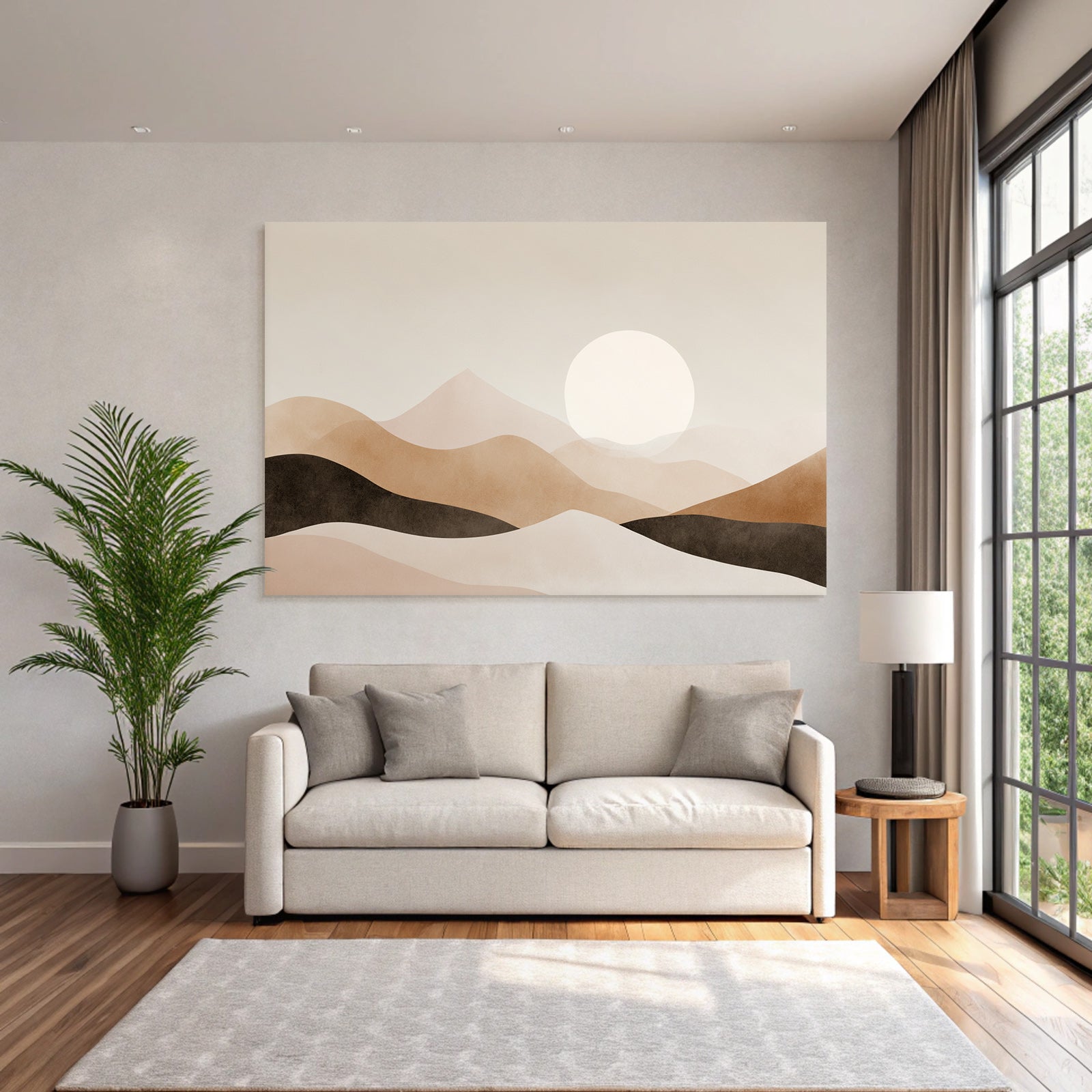 Minimalist landscape with gentle mountains and a big sun in beige, brown and cream