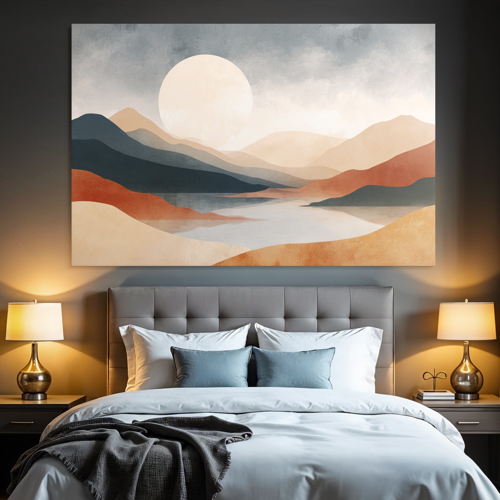 Tranquil Landscape Mountains River Lake Sun Soft Muted Colors