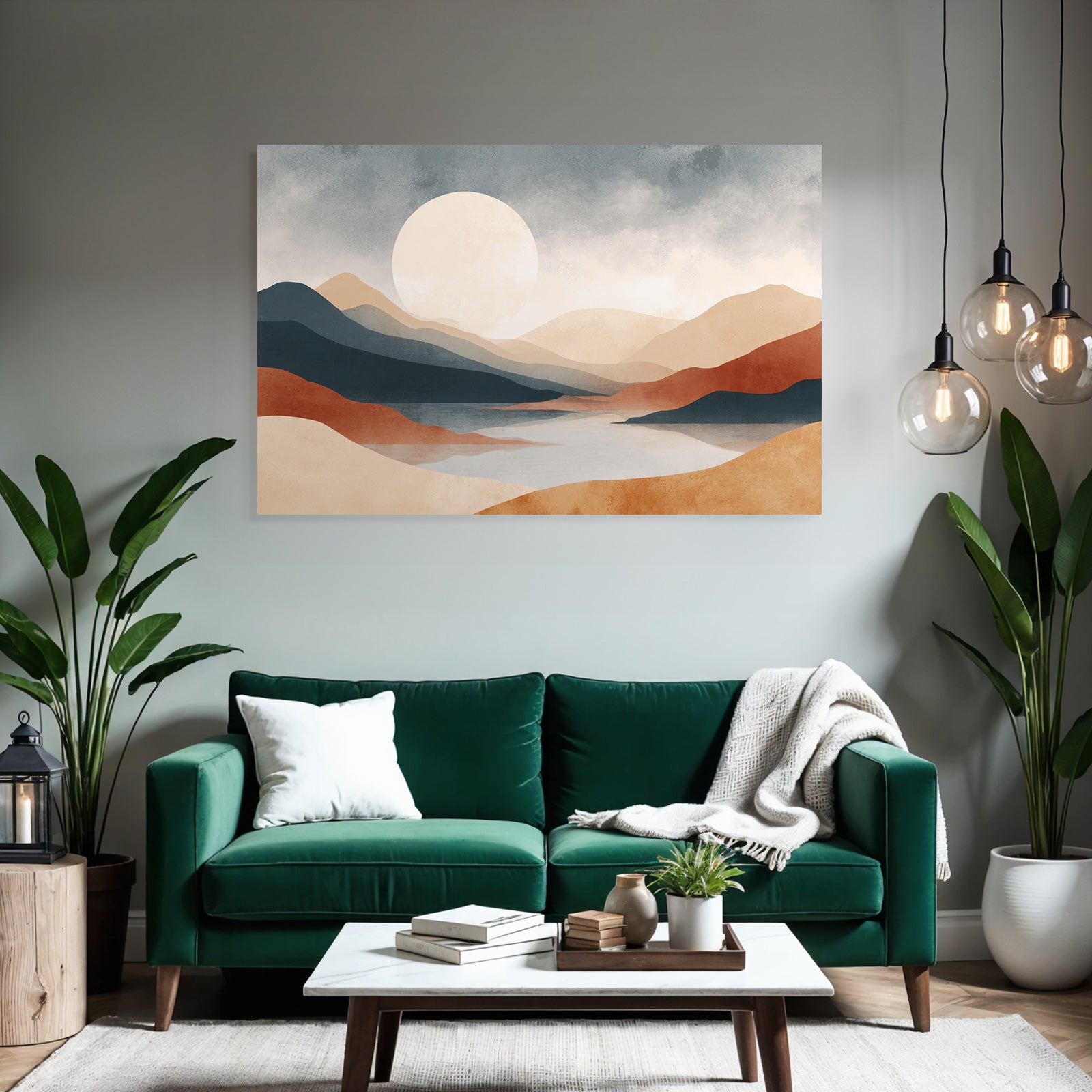 Tranquil Landscape Mountains River Lake Sun Soft Muted Colors