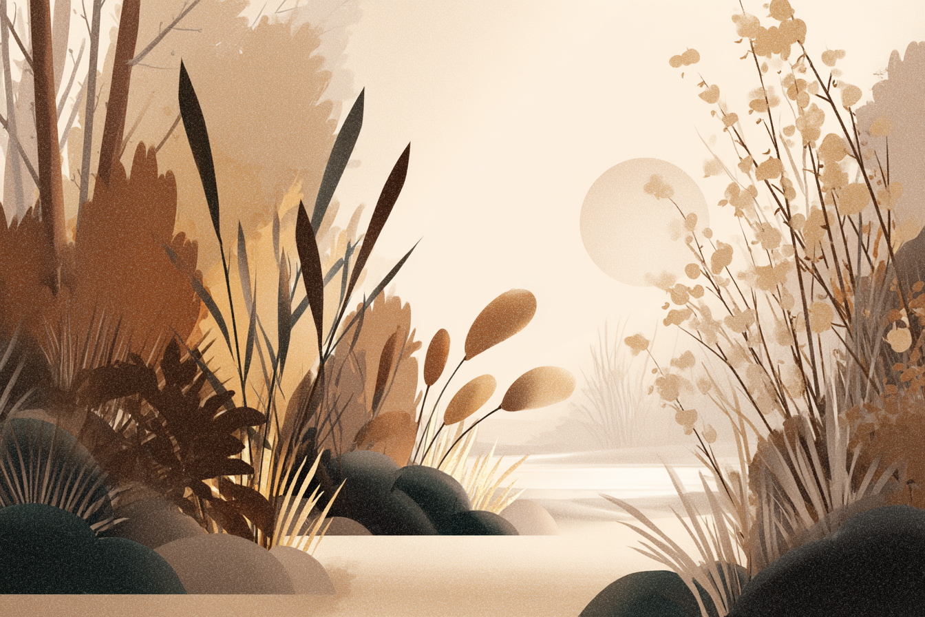 Stylisierte Illustration Einer Natuerlichen Landschaft Mit Pflanzen Und Sonnenlicht | Japandi | Einrichtungsstile
