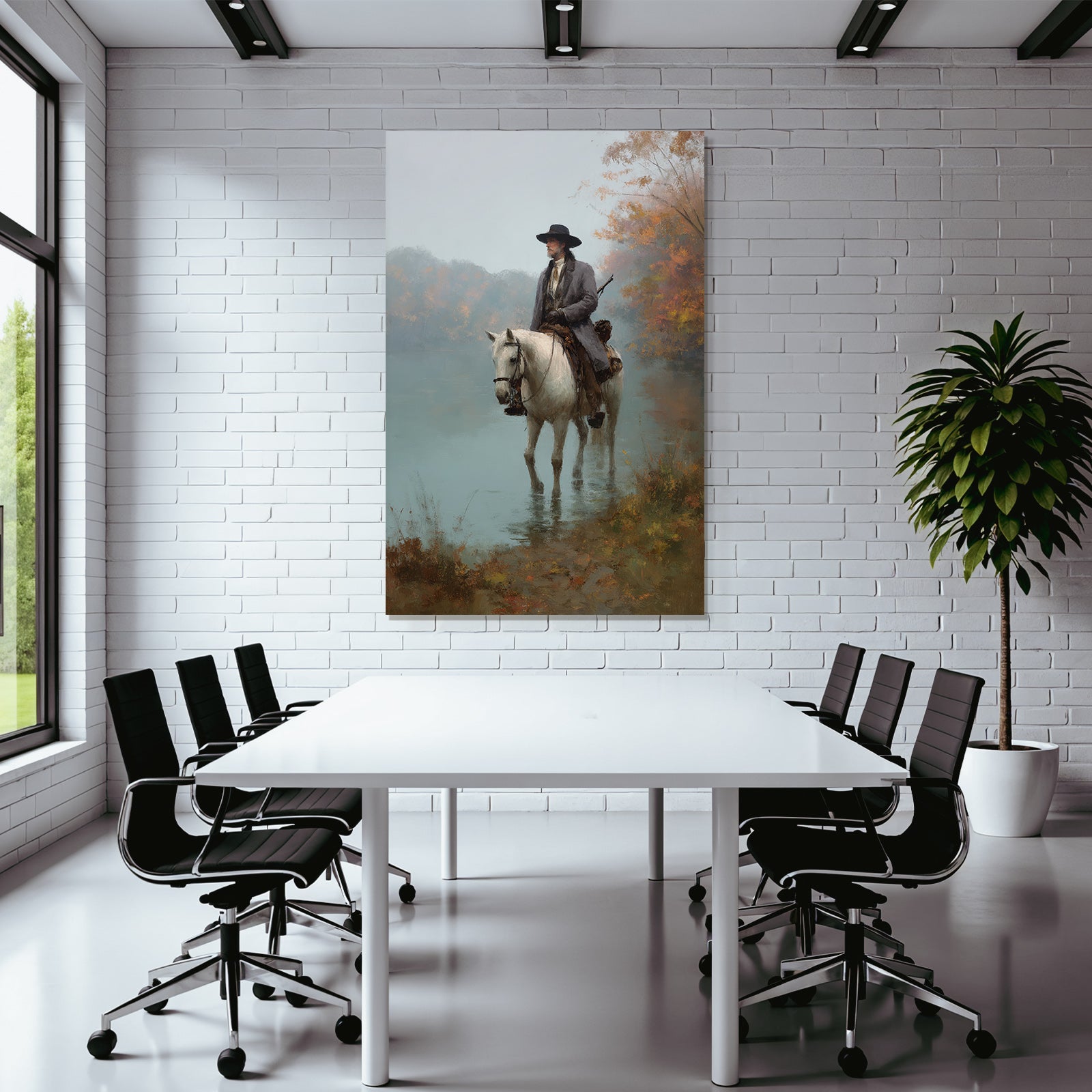 Einsamer Reiter Auf Einem Weissen Pferd In Der Schonde Wasser Im Herbstlandschaft
