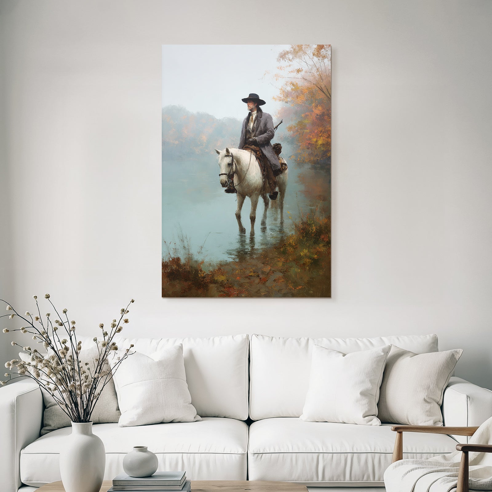 Einsamer Reiter Auf Einem Weissen Pferd In Der Schonde Wasser Im Herbstlandschaft