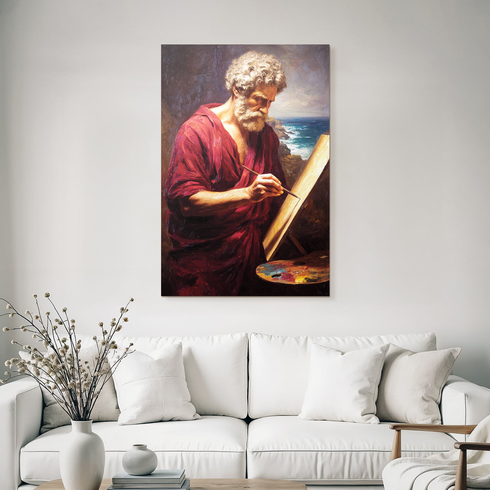 Er Kuenstler Im Roten Gewand Mit Easel Kuestenlandschaft