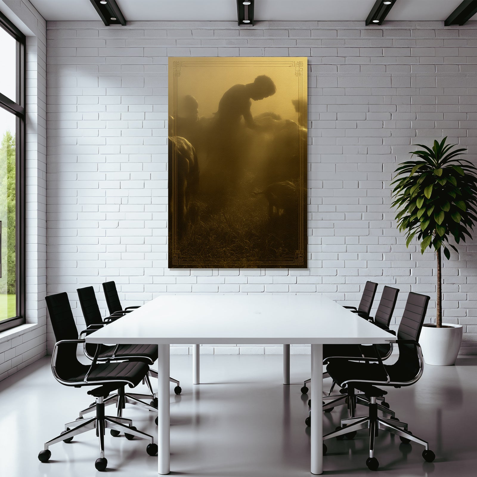 Figur Im Nebligen Laendlichen Raum Mit Tieren Goldene Atmosphaere
