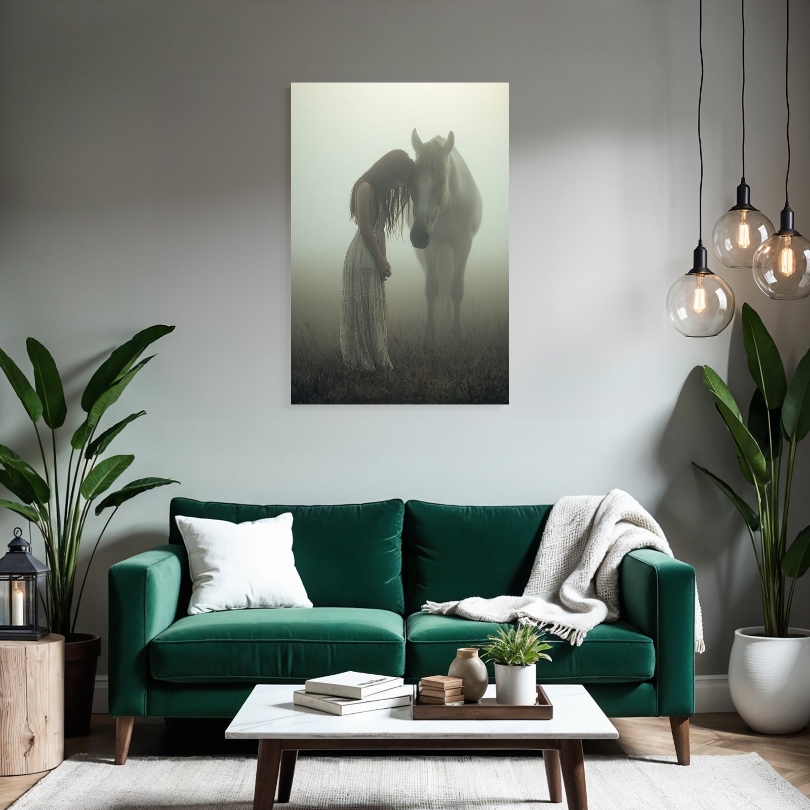 Flaurige Landschaft Frau Horse Zarte Verbindung Im Nebel