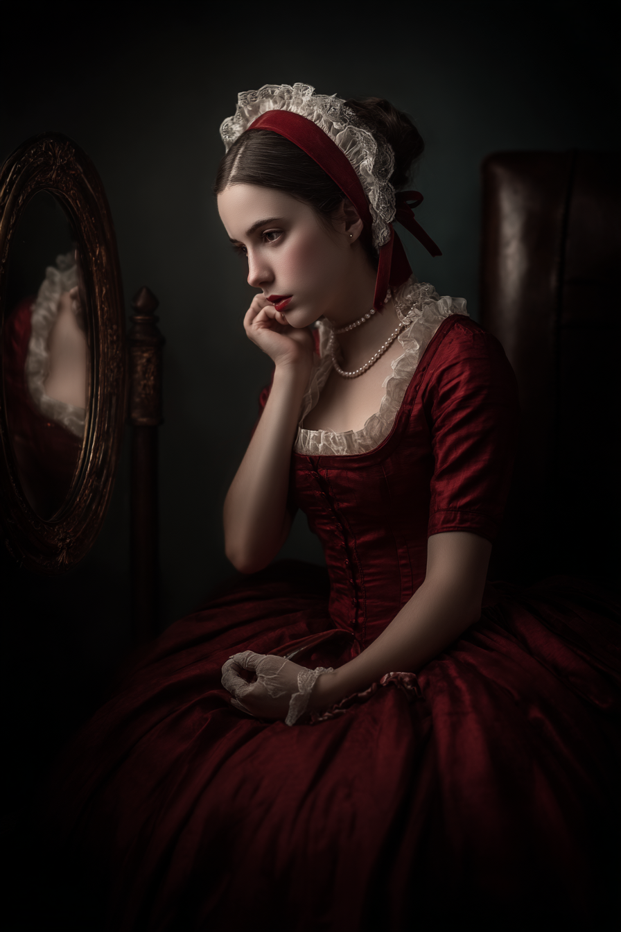 Frau In Rotem Kleid Vintage Spiegel Nostalgie Introspektion | Klassisch | Einrichtungsstile