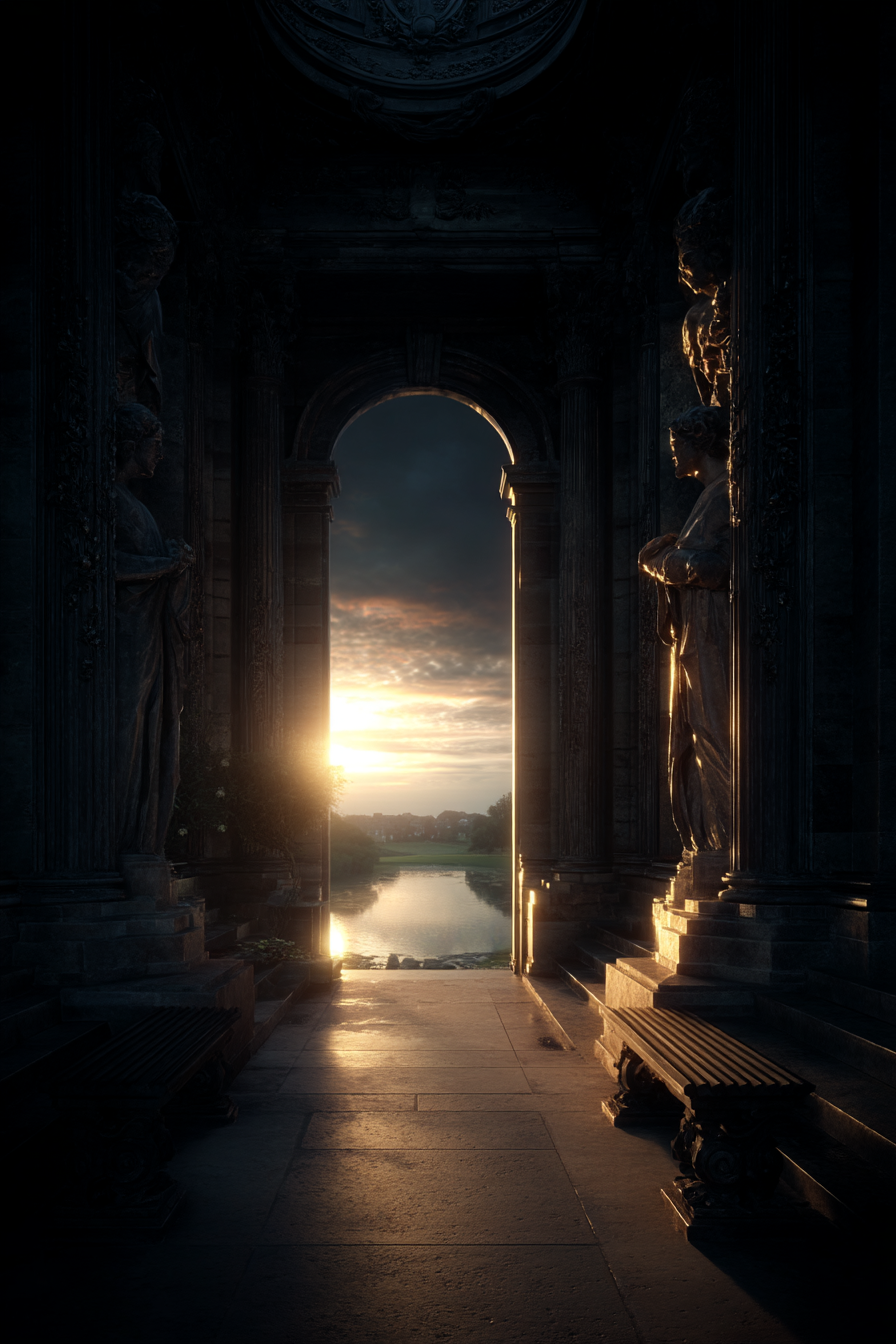 Grand Architektonische Szene Mit Sonnenuntergang Am Fluss | Klassisch | Einrichtungsstile