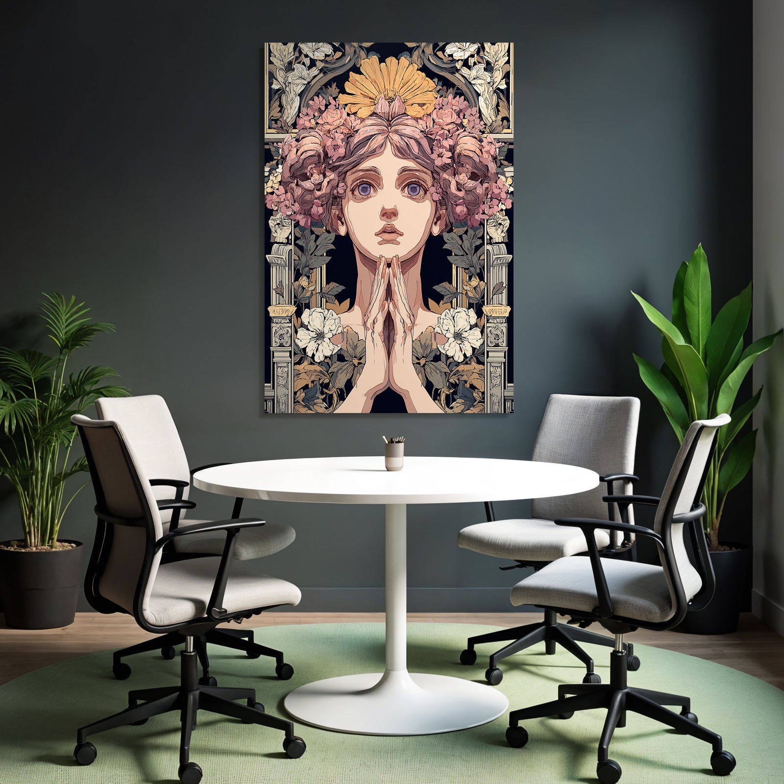 Junge Frau Mit Blumen Gebet Meditation Art Nouveau Elegant Illustration