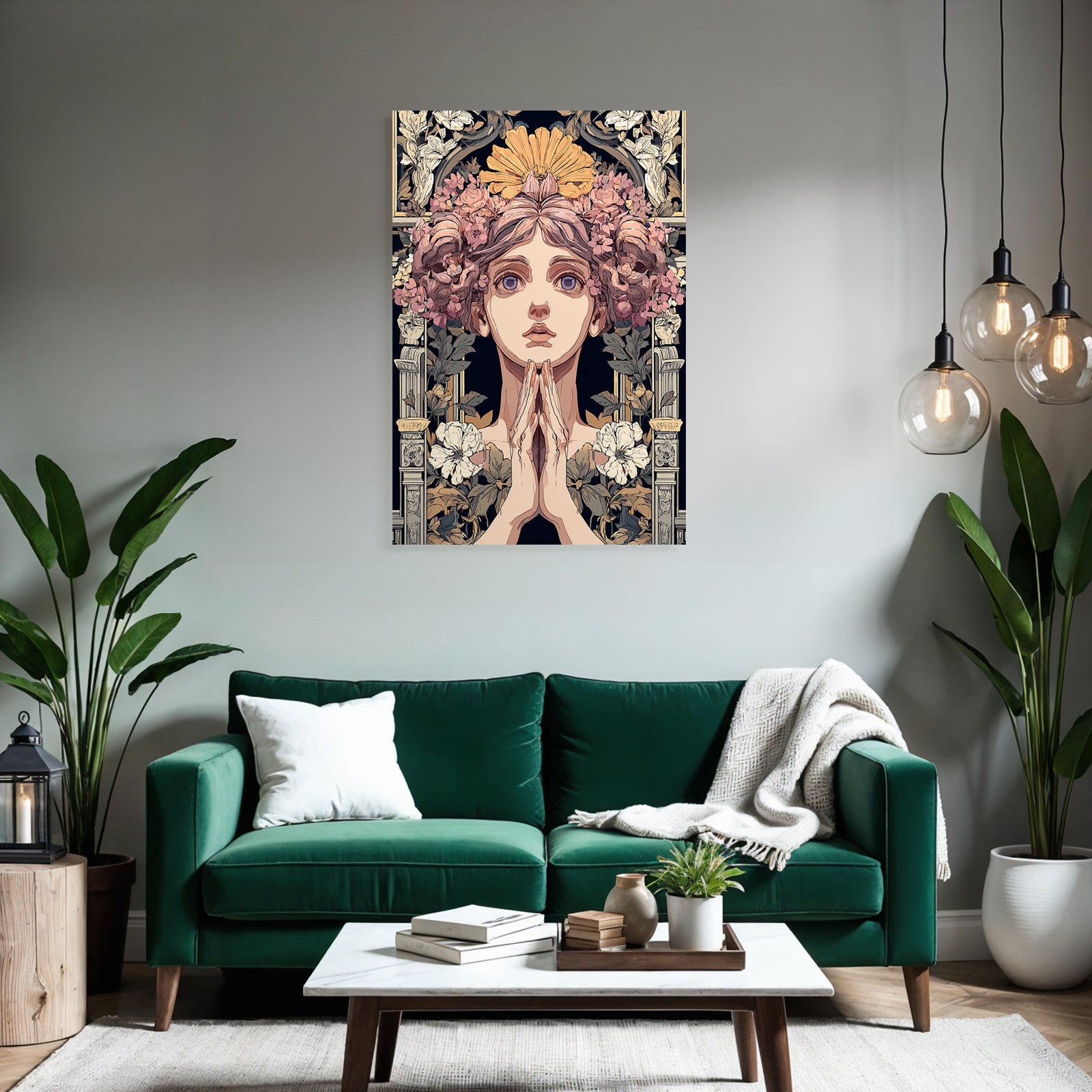 Junge Frau Mit Blumen Gebet Meditation Art Nouveau Elegant Illustration