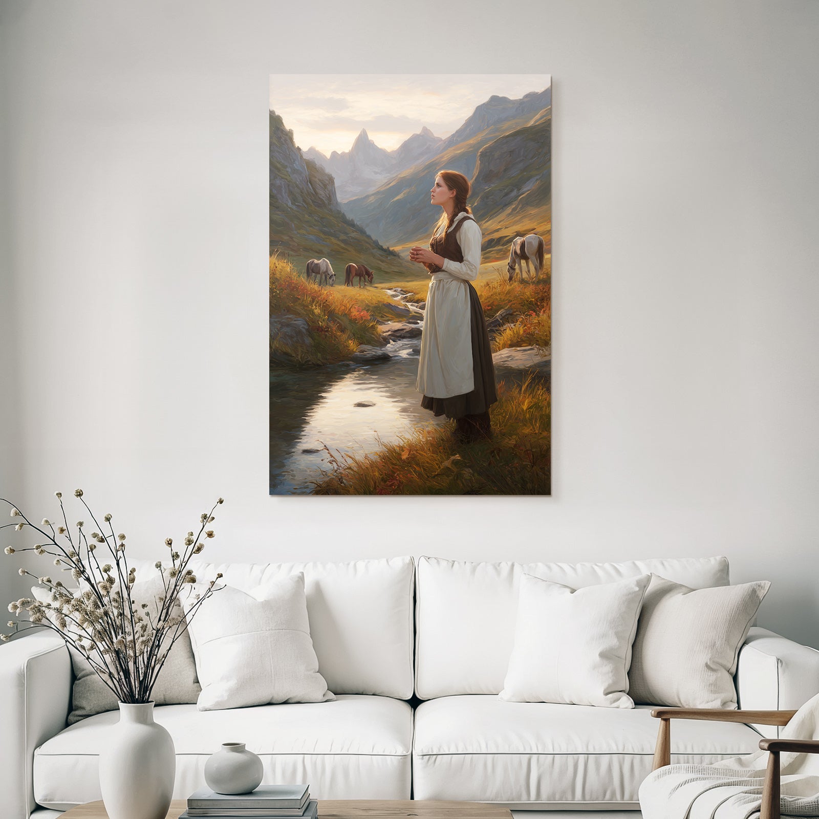 Junges Maedchen Im Perioden Code Das Stand By Einem Bach Mit Berglandschaft Und Horsen
