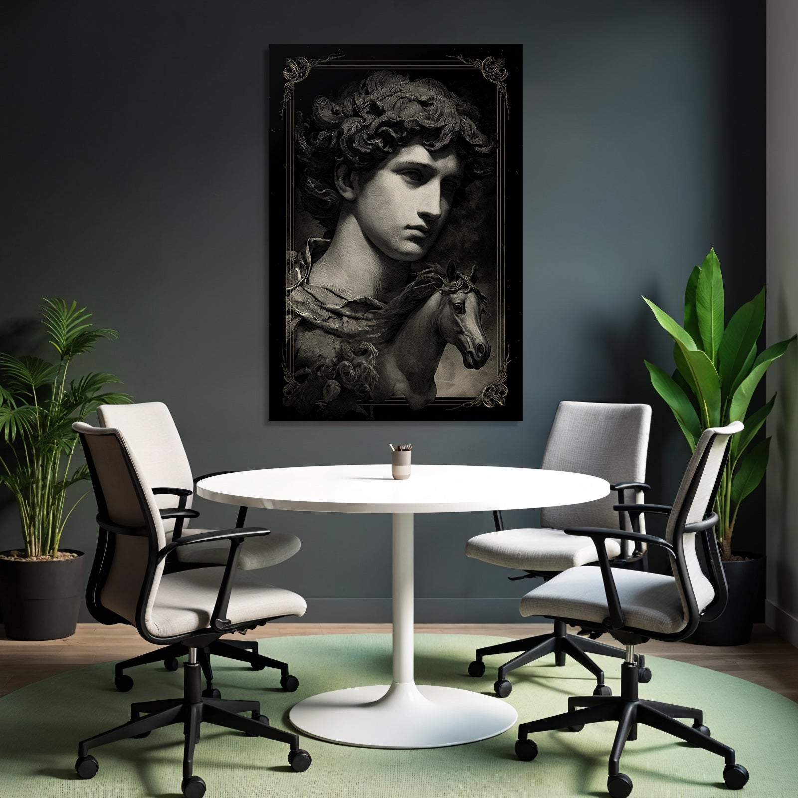 Maennlicher Figuren Portrait Mit Pferdekopf Und Blumen Kunstwerk