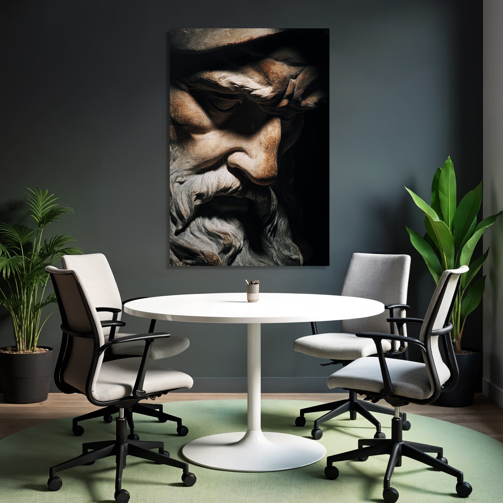 Sculpture of an old man with a wrinkled face and beard