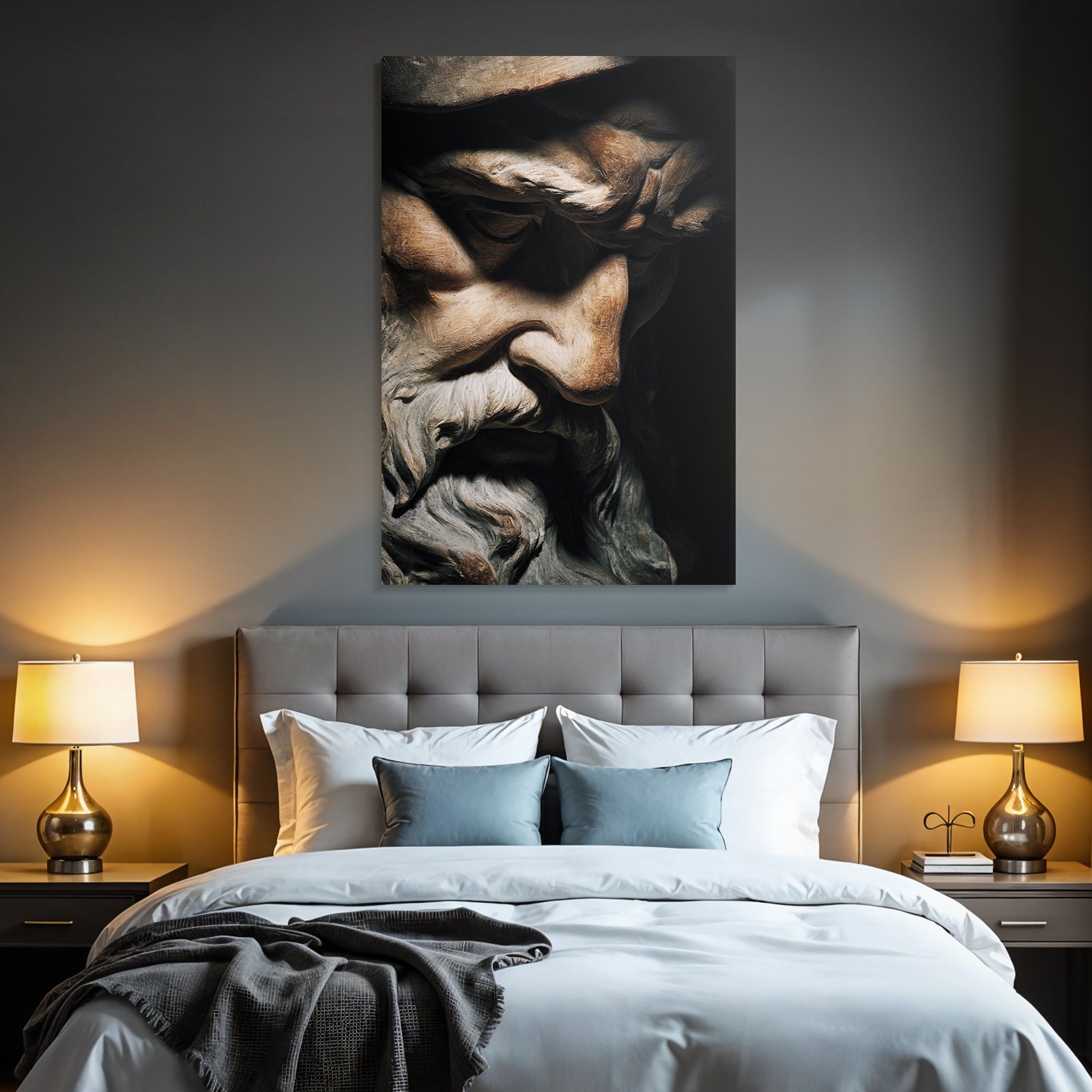 Sculpture of an old man with a wrinkled face and beard