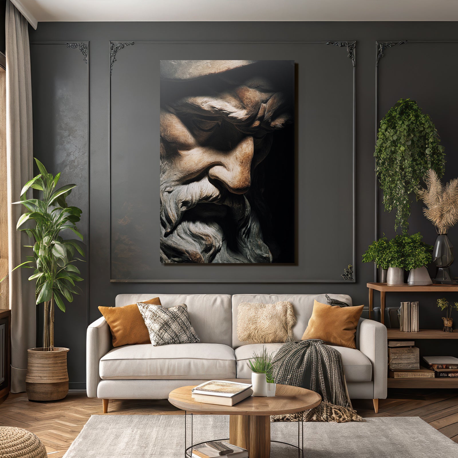 Sculpture of an old man with a wrinkled face and beard