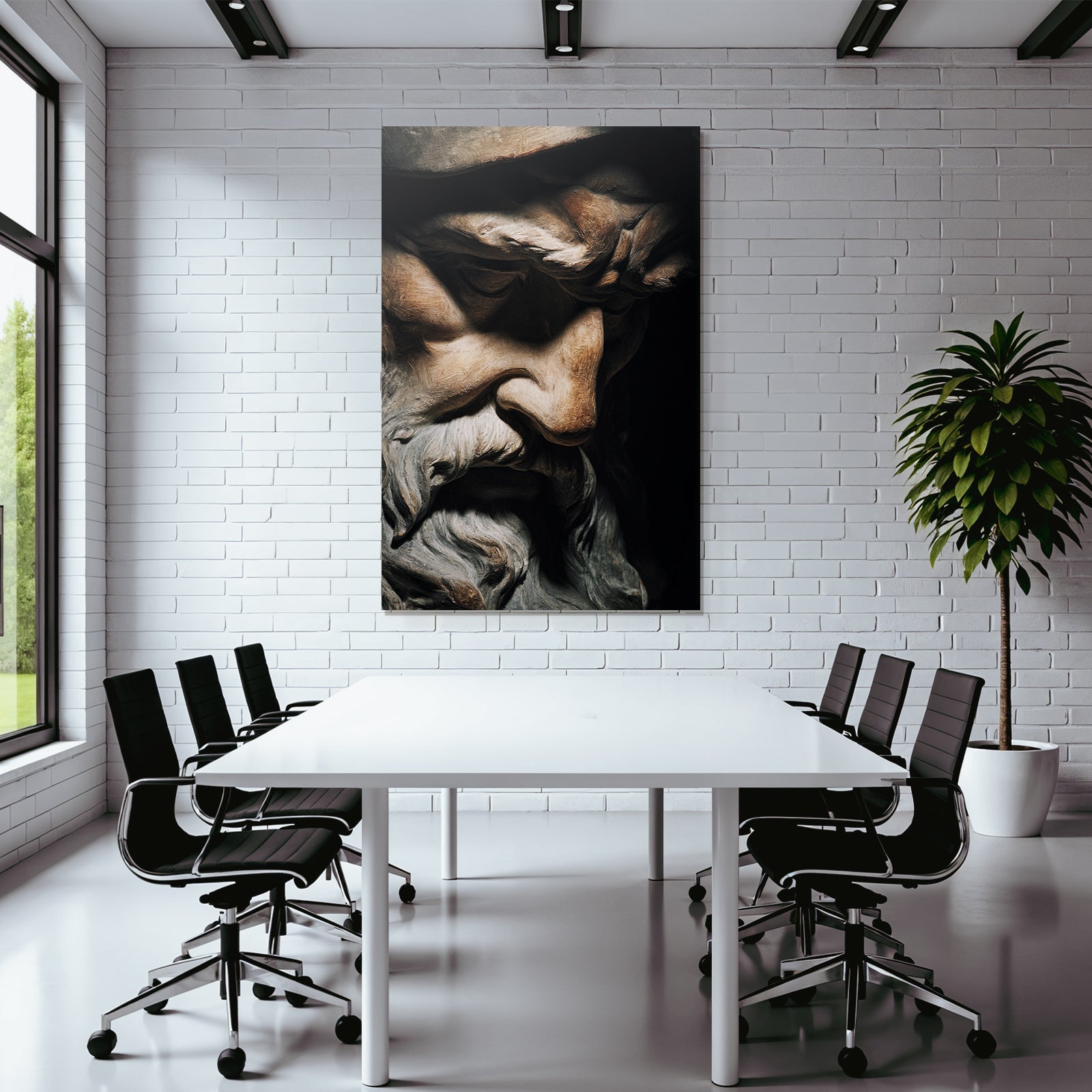 Sculpture of an old man with a wrinkled face and beard