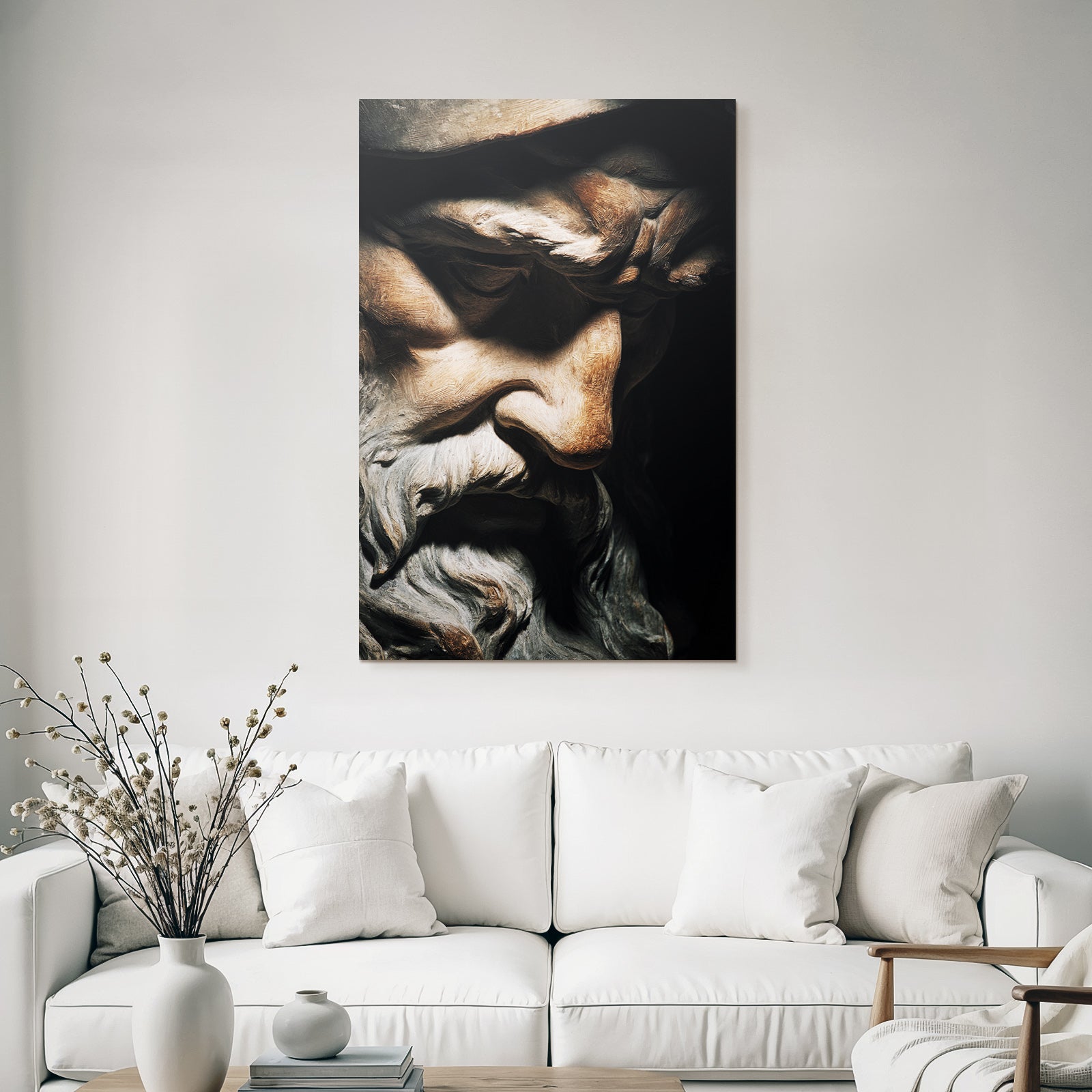 Sculpture of an old man with a wrinkled face and beard