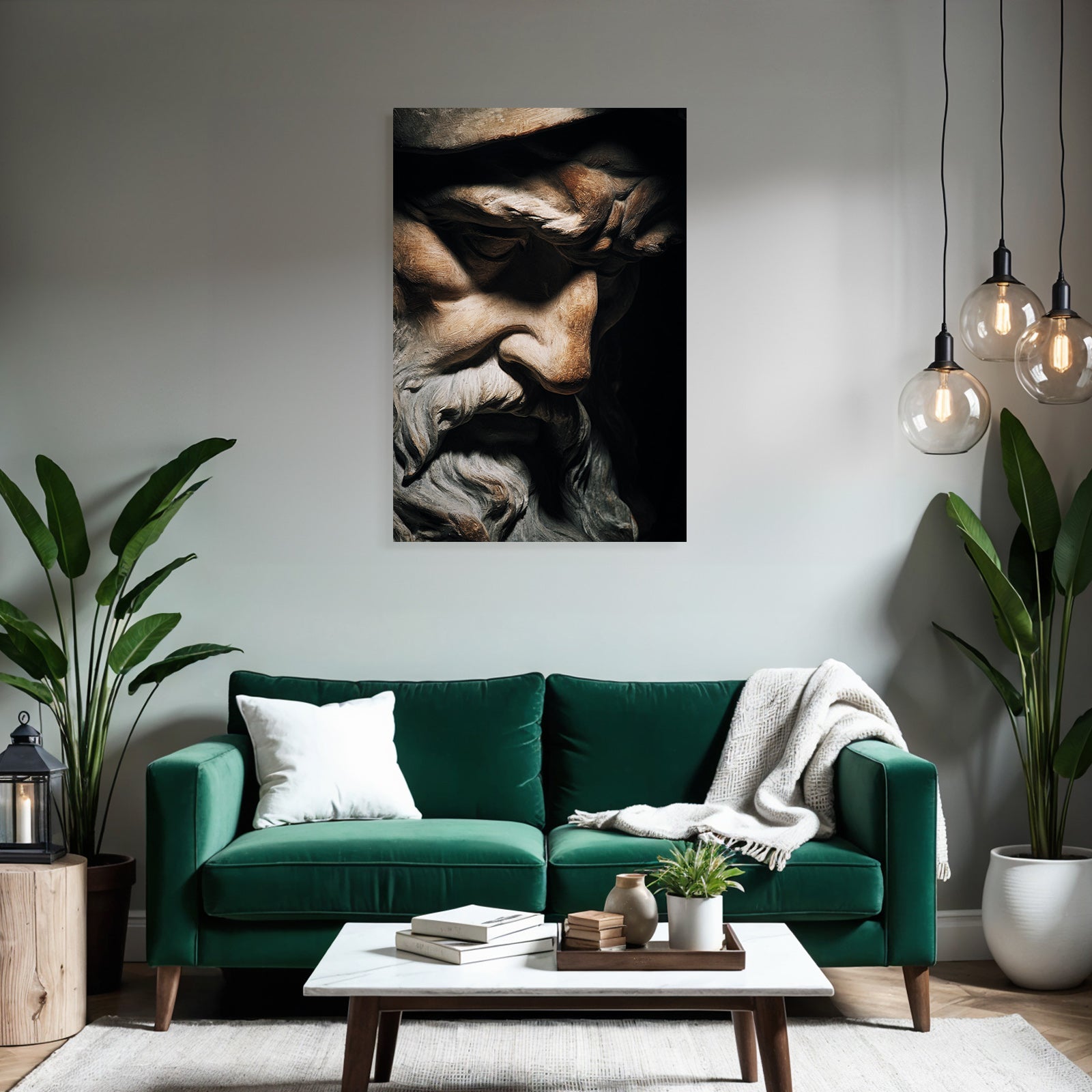 Sculpture of an old man with a wrinkled face and beard