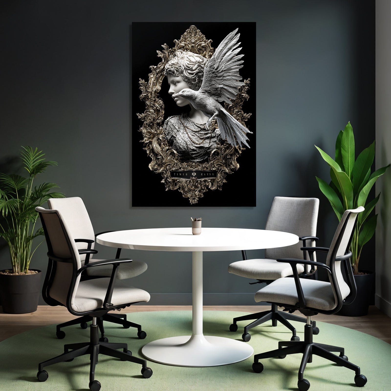 Sculptural representation with bird in gold frame