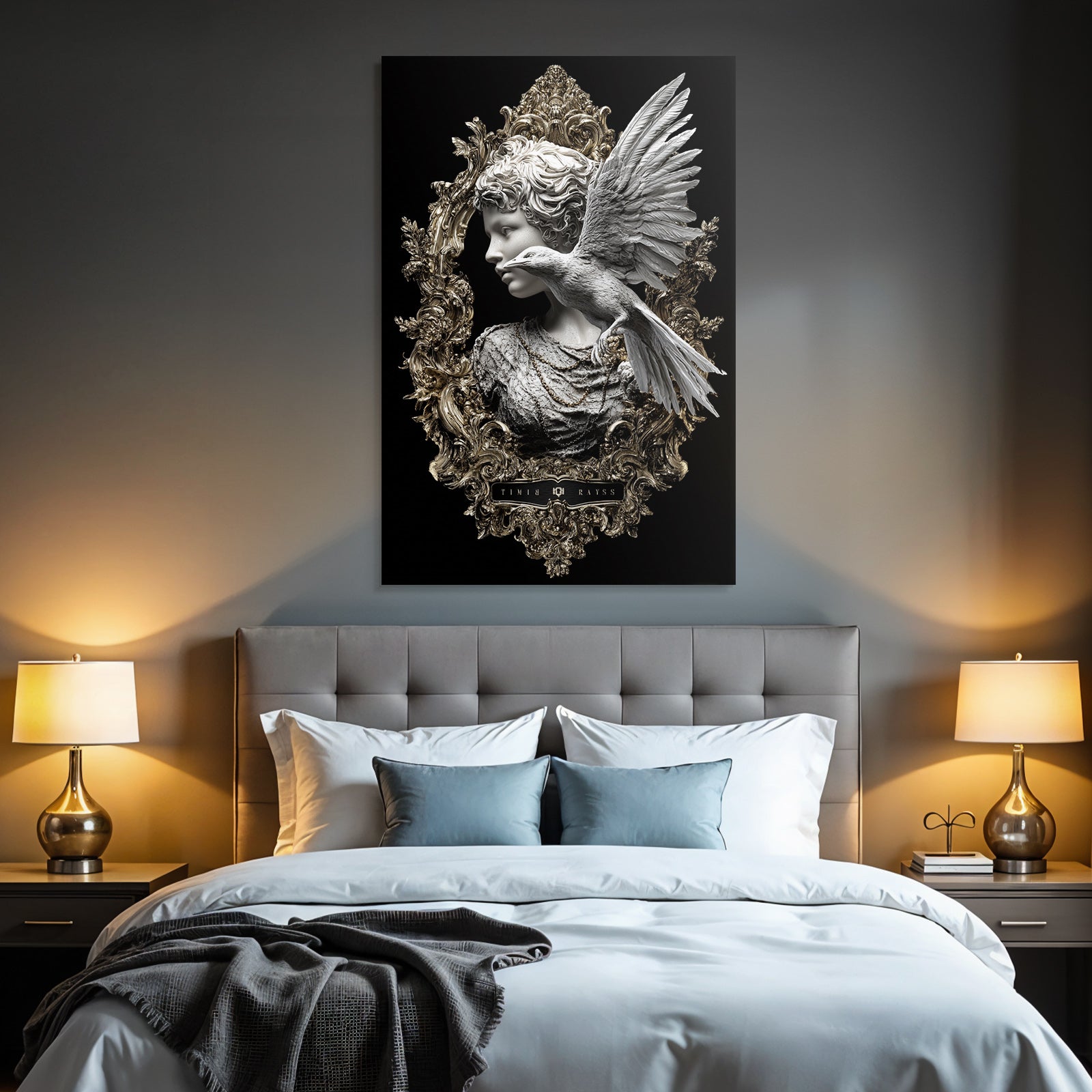 Sculptural representation with bird in gold frame