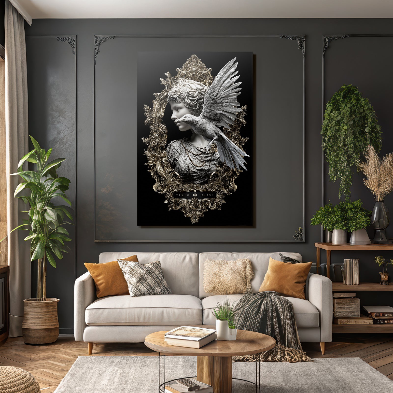 Sculptural representation with bird in gold frame