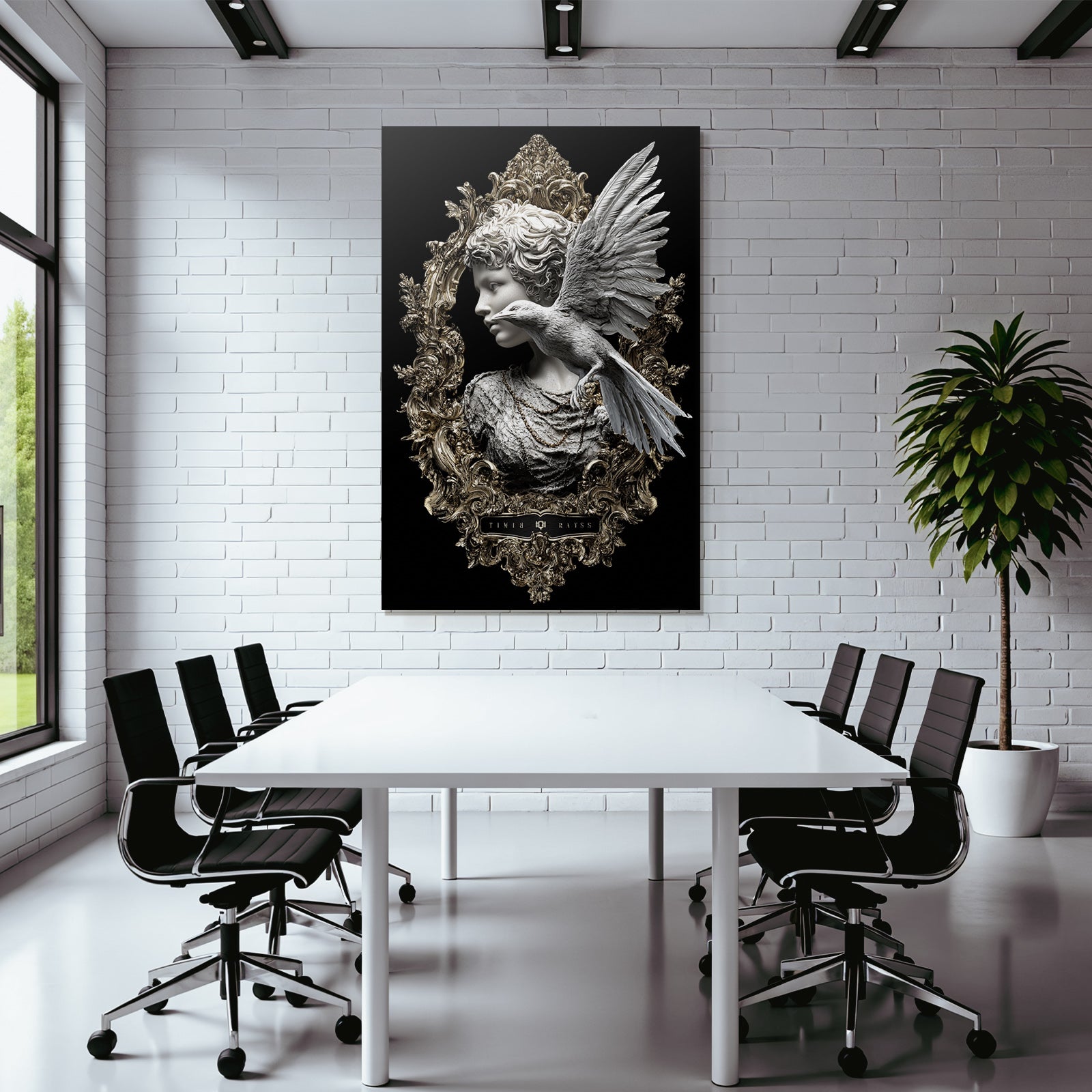 Sculptural representation with bird in gold frame