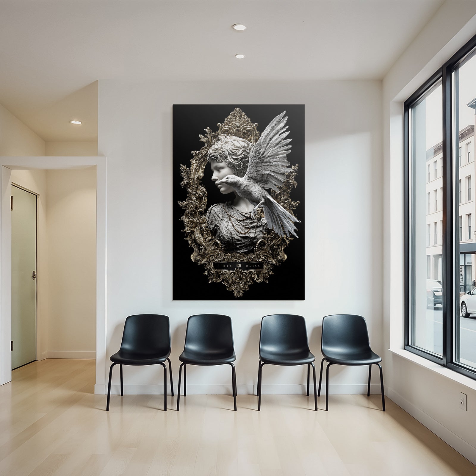 Sculptural representation with bird in gold frame