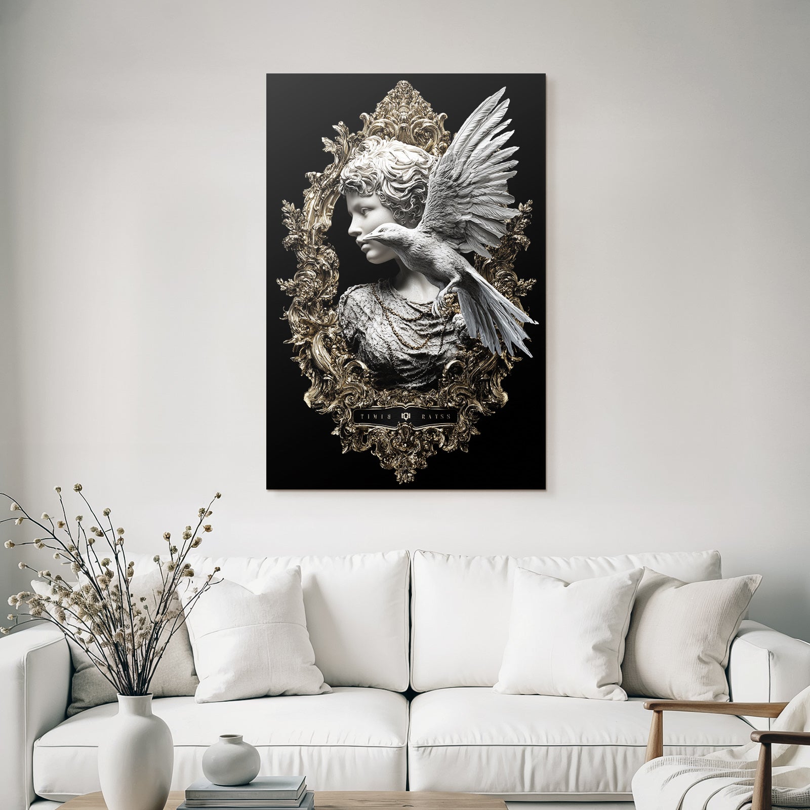Sculptural representation with bird in gold frame