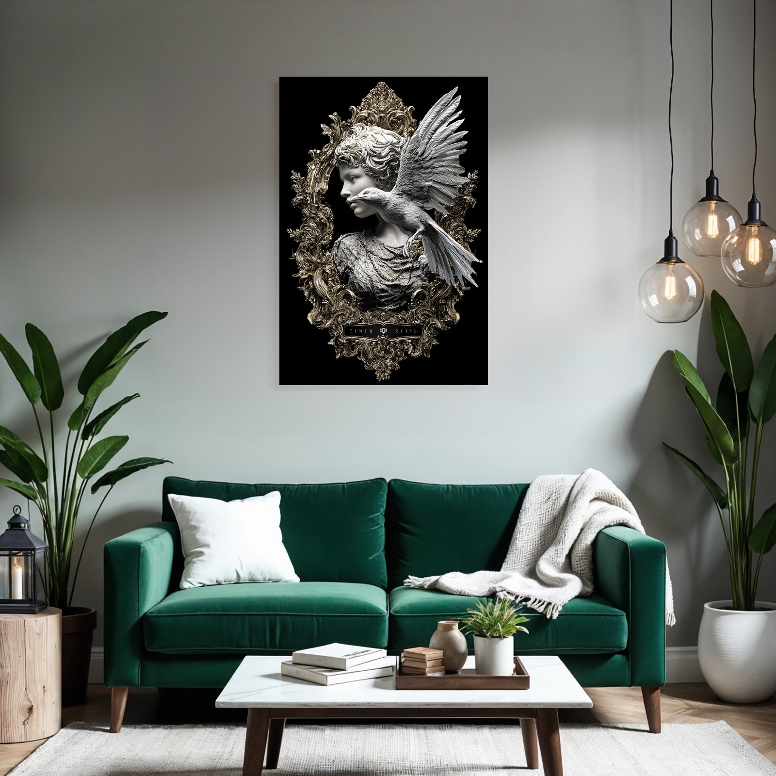 Sculptural representation with bird in gold frame
