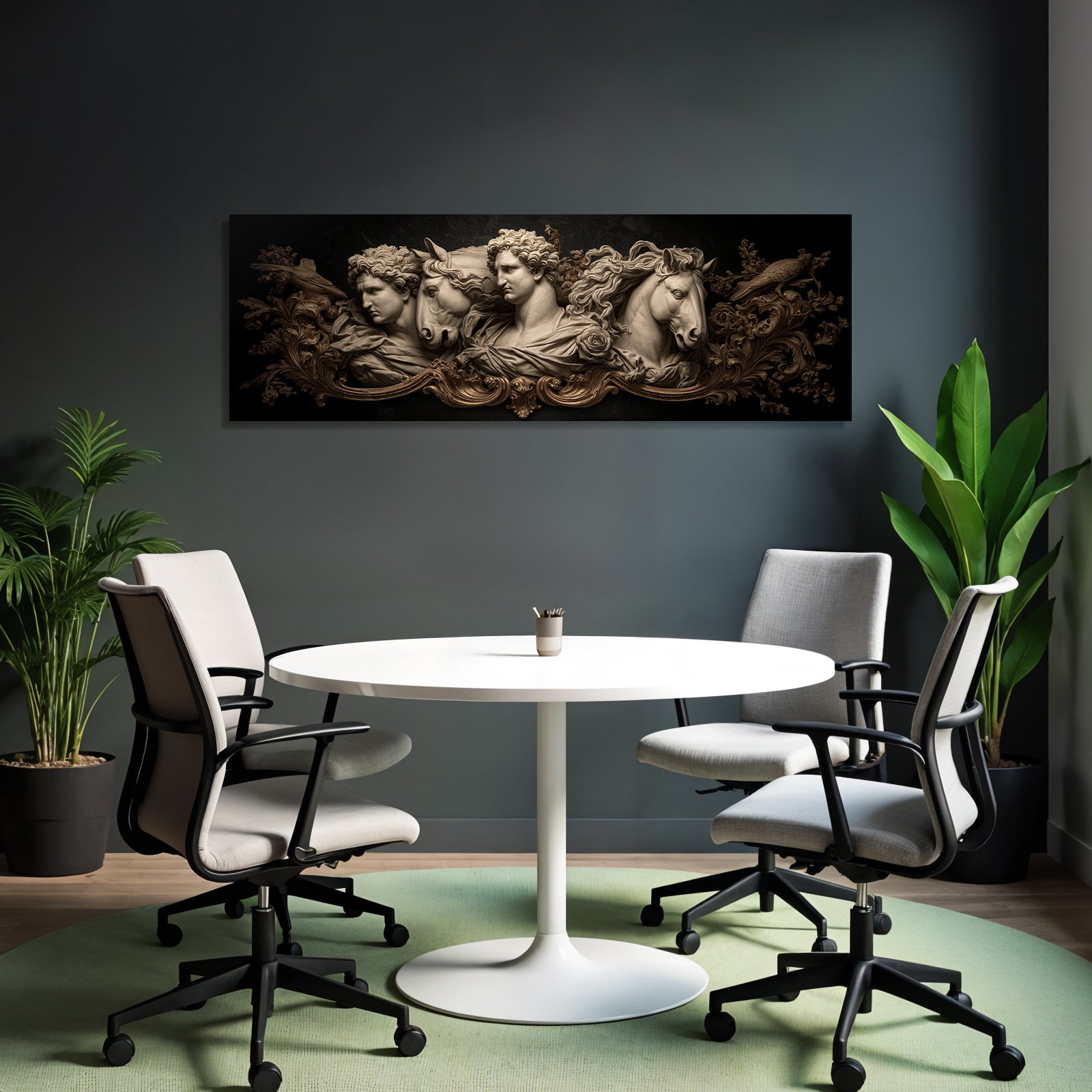 Detaillierte Skulpturale Relief Drei Frauen Mit Pferden Blumen Und Vogel