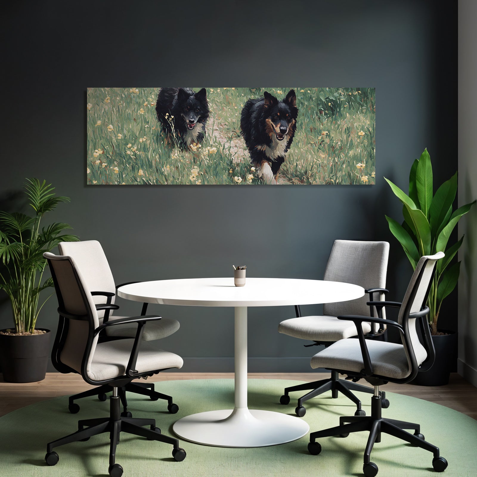 Schwarze Hunde Im Gruenen Mit Blumen Painterly Stil