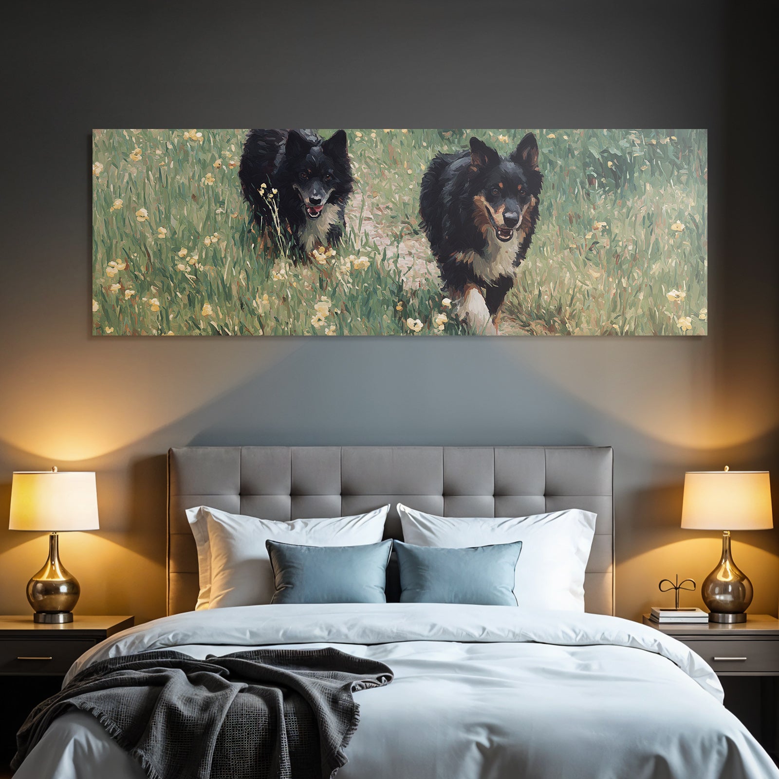 Schwarze Hunde Im Gruenen Mit Blumen Painterly Stil