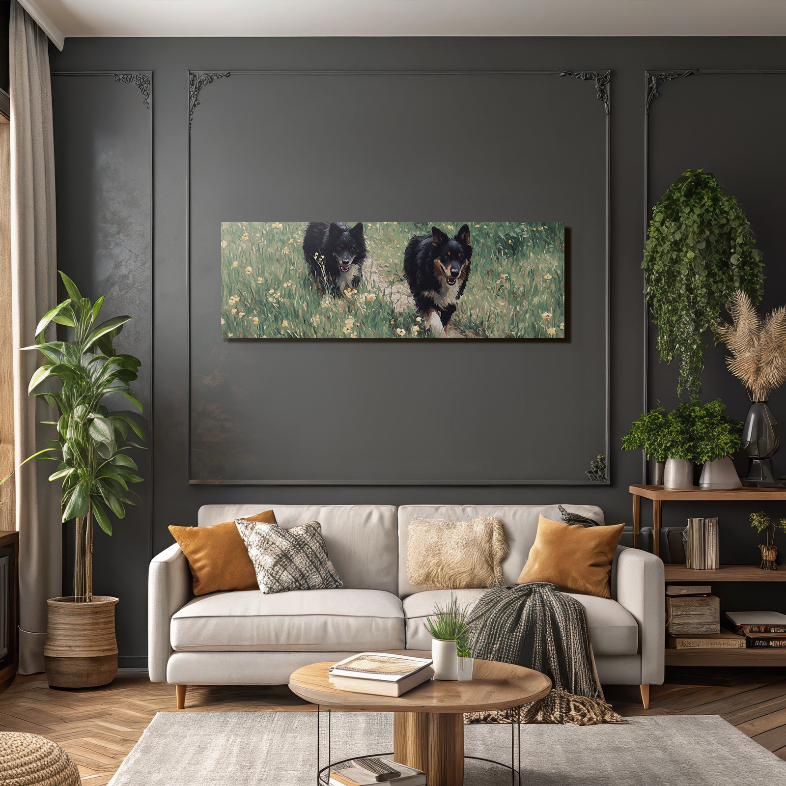 Schwarze Hunde Im Gruenen Mit Blumen Painterly Stil