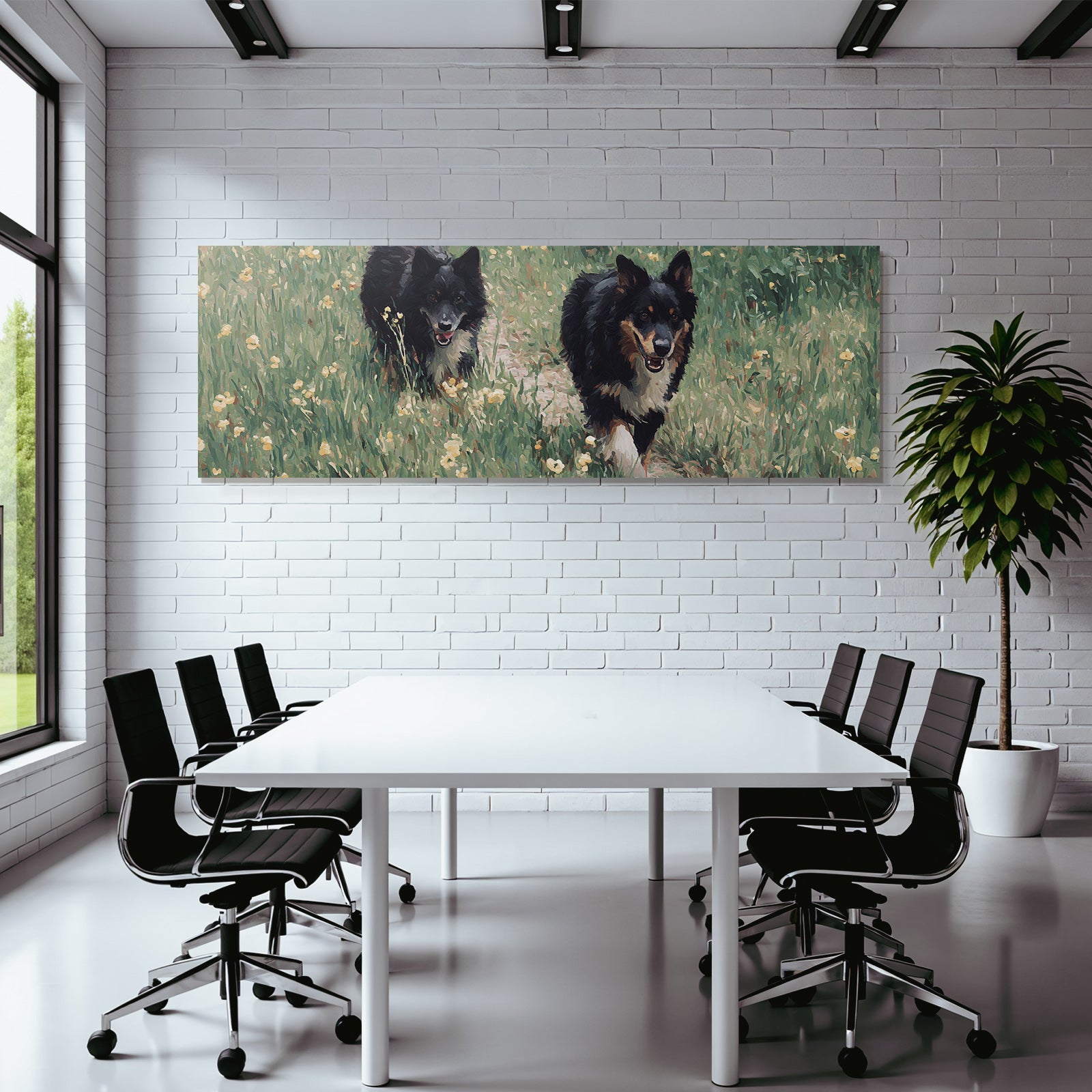 Schwarze Hunde Im Gruenen Mit Blumen Painterly Stil