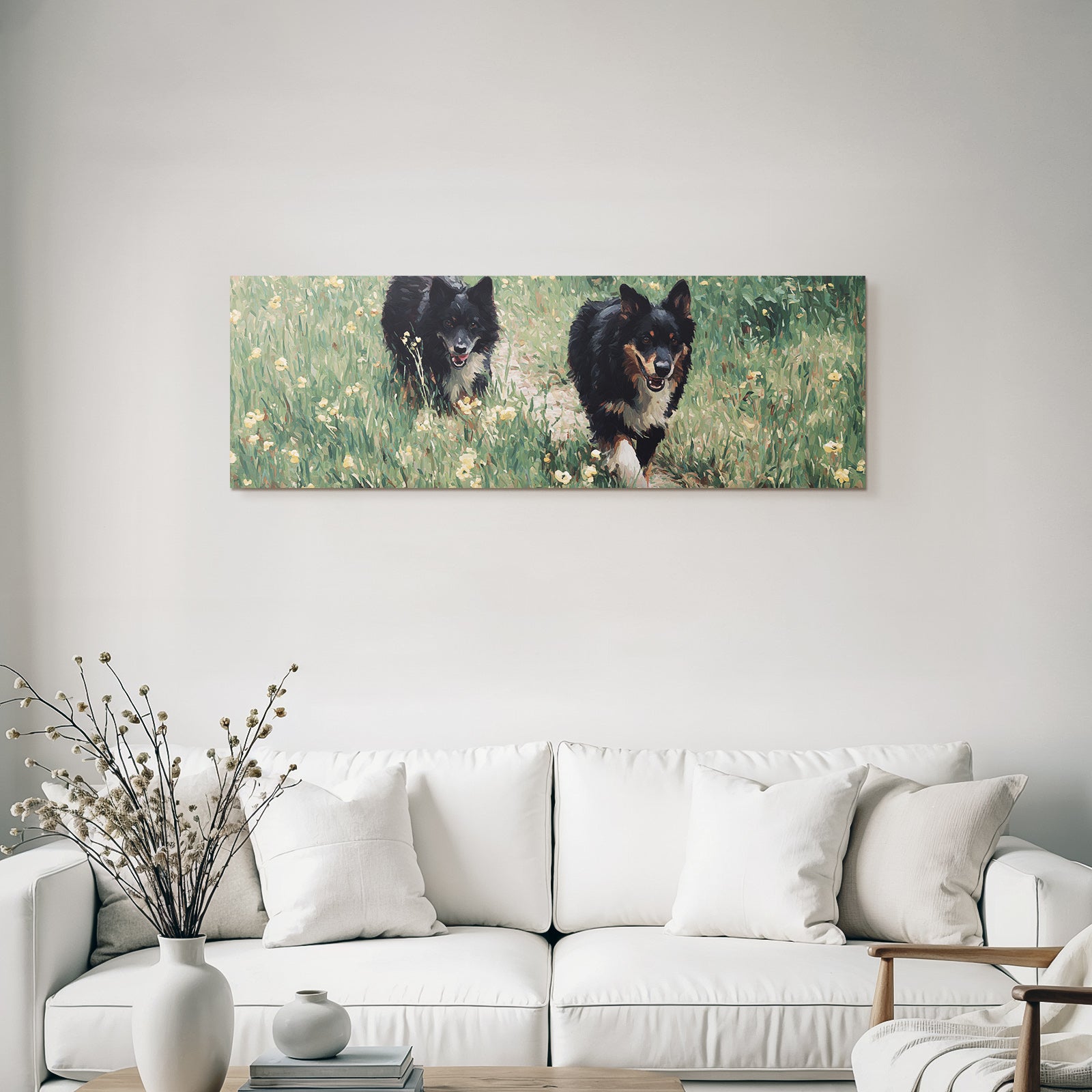 Schwarze Hunde Im Gruenen Mit Blumen Painterly Stil