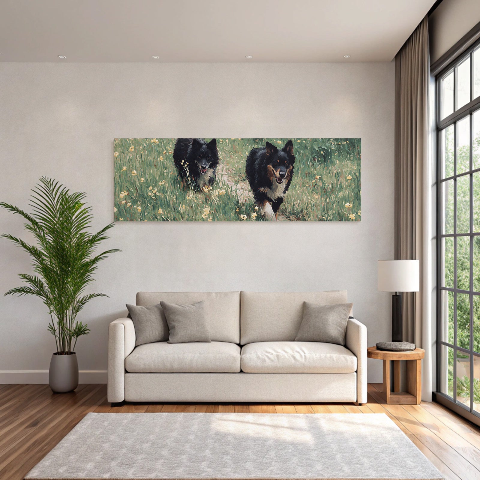 Schwarze Hunde Im Gruenen Mit Blumen Painterly Stil