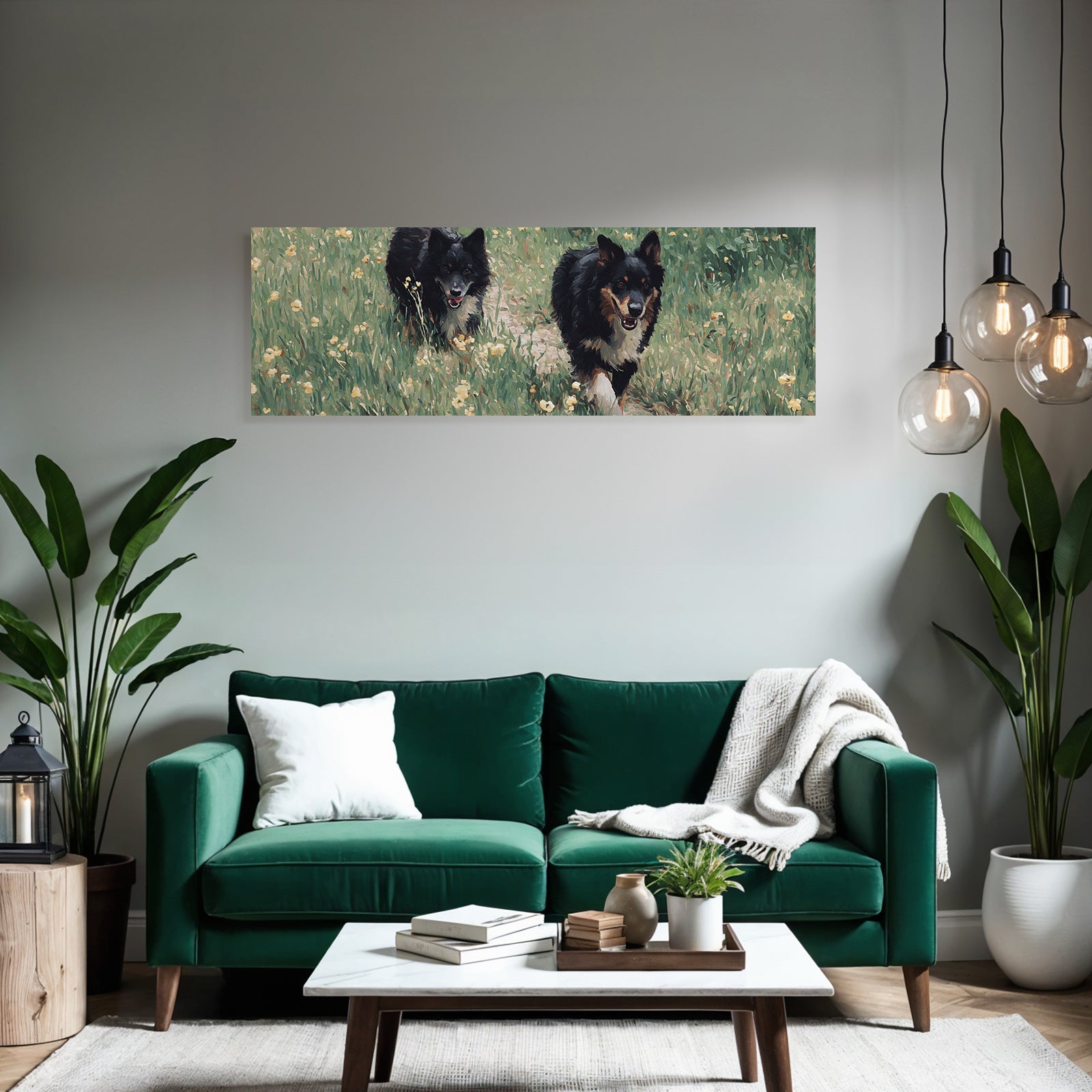 Schwarze Hunde Im Gruenen Mit Blumen Painterly Stil