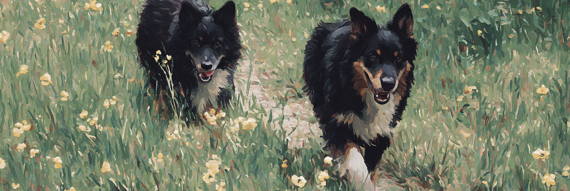 Schwarze Hunde Im Gruenen Mit Blumen Painterly Stil | Klassisch | Einrichtungsstile