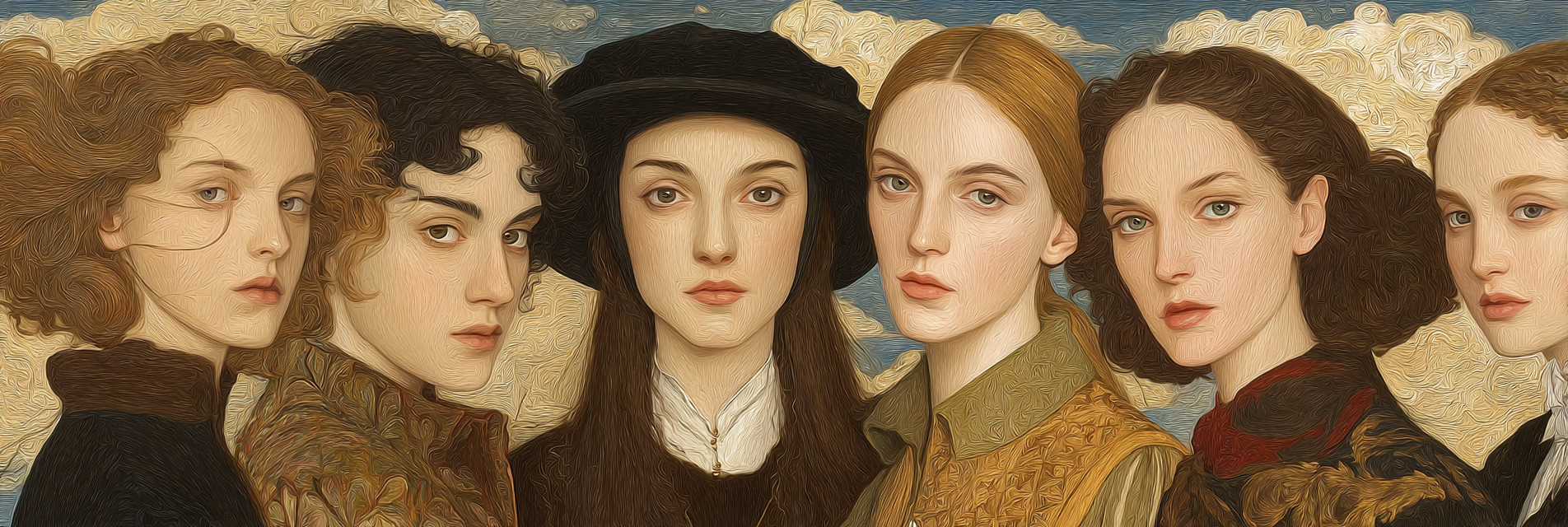 Sechs Junge Frauen Mit Distinkten Haarschnitten Und Kleidung Historischer Hintergrund | Klassisch | Einrichtungsstile