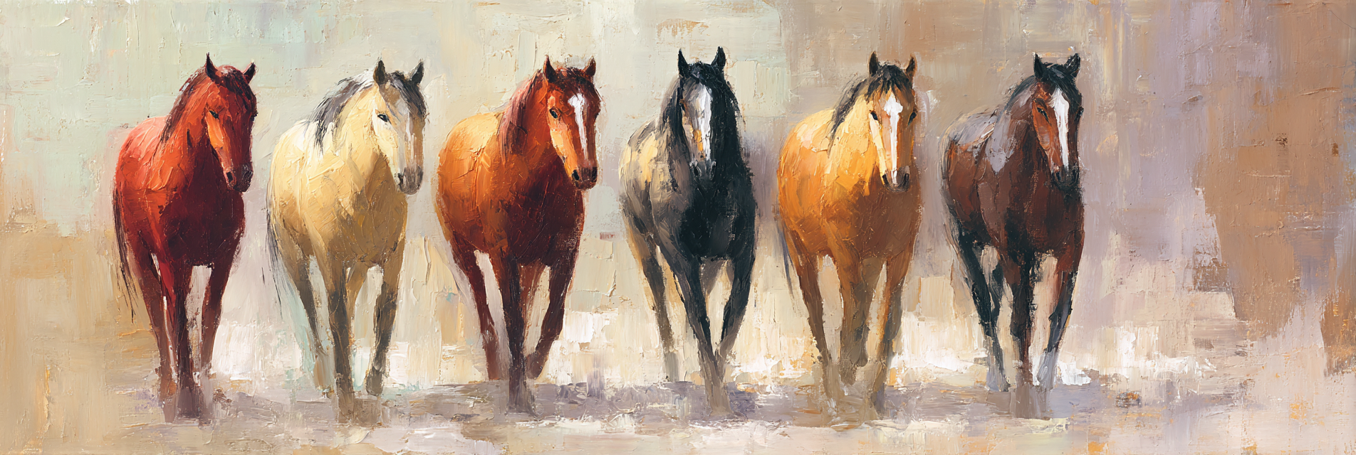 Sechs Pferde Expressive Malerei Erdtoene Lebendige Buerstenstriche | Klassisch | Einrichtungsstile