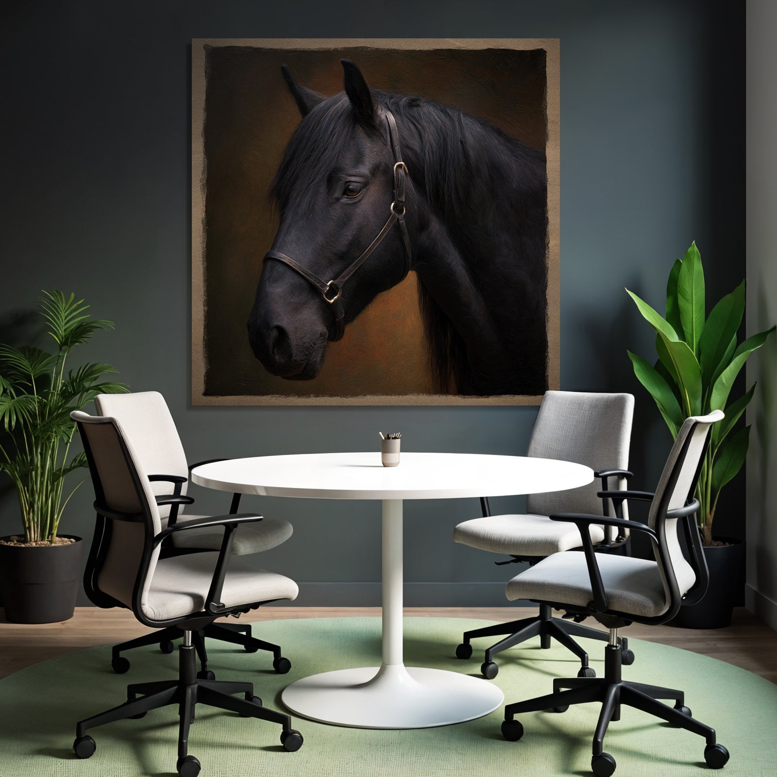 Schwarzes Pferd Portraet Halfter Kunstvolle Hintergrund