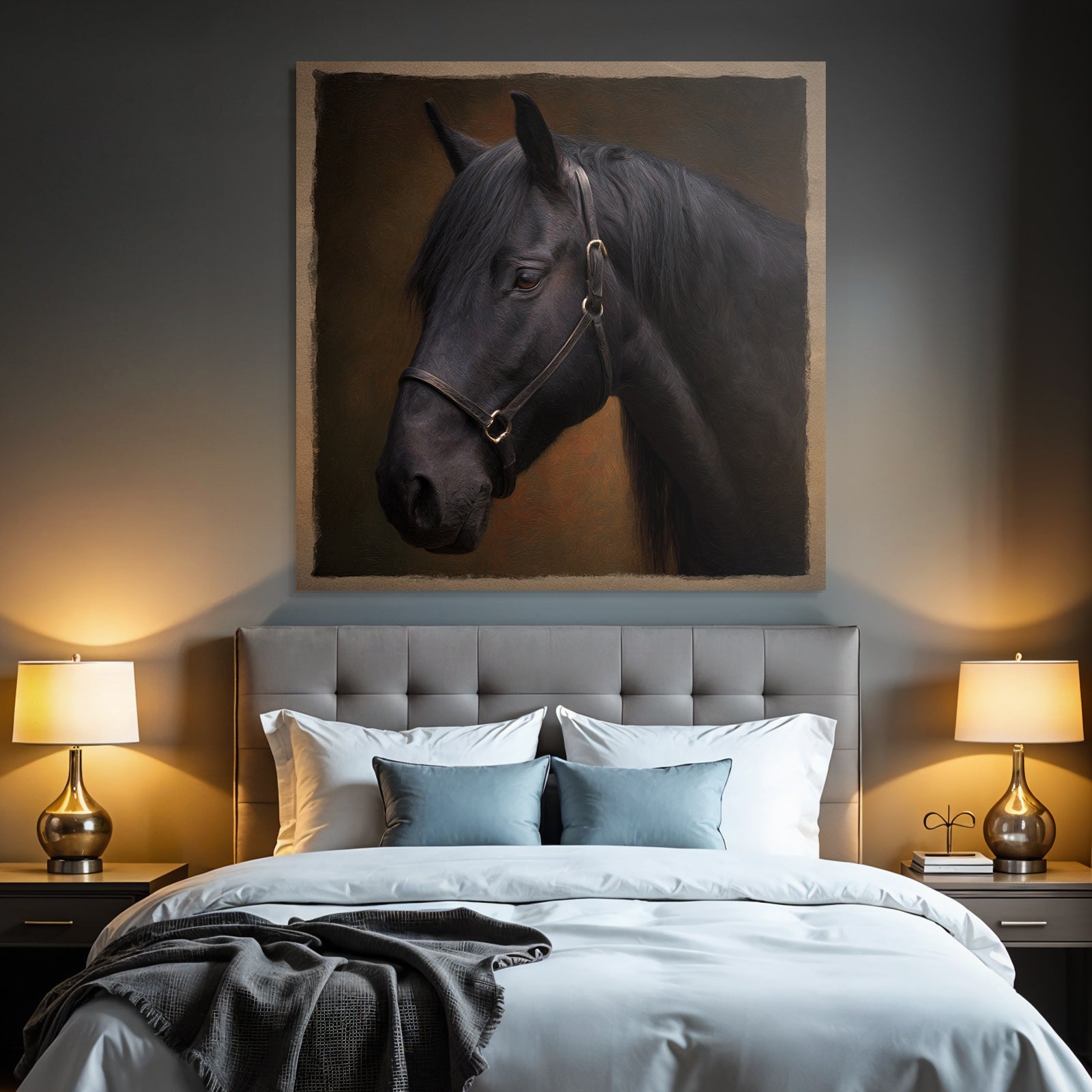 Schwarzes Pferd Portraet Halfter Kunstvolle Hintergrund